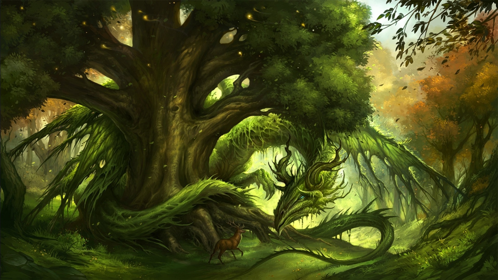 Fantasy forest with a dragon and a deer HD Wallpaper