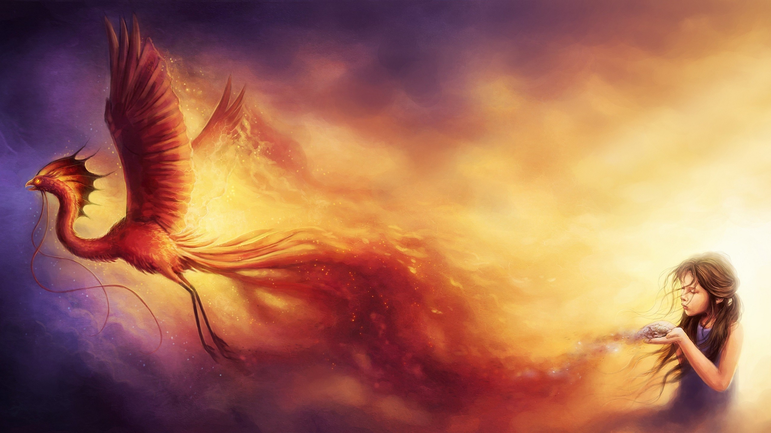 Fantasy art of a girl and a phoenix HD Wallpaper
