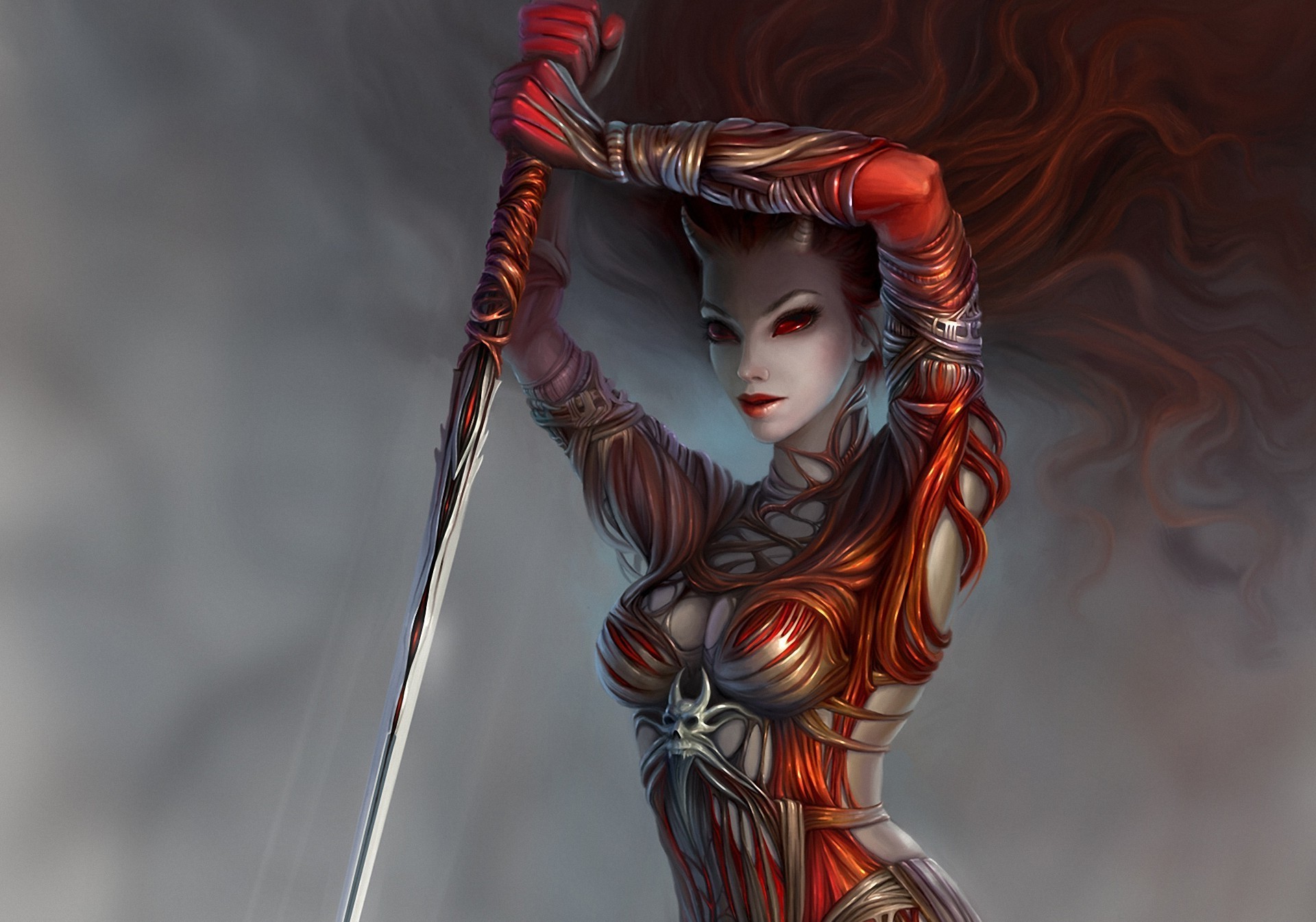 Fantasy art demon with red eyes and sword HD Wallpaper