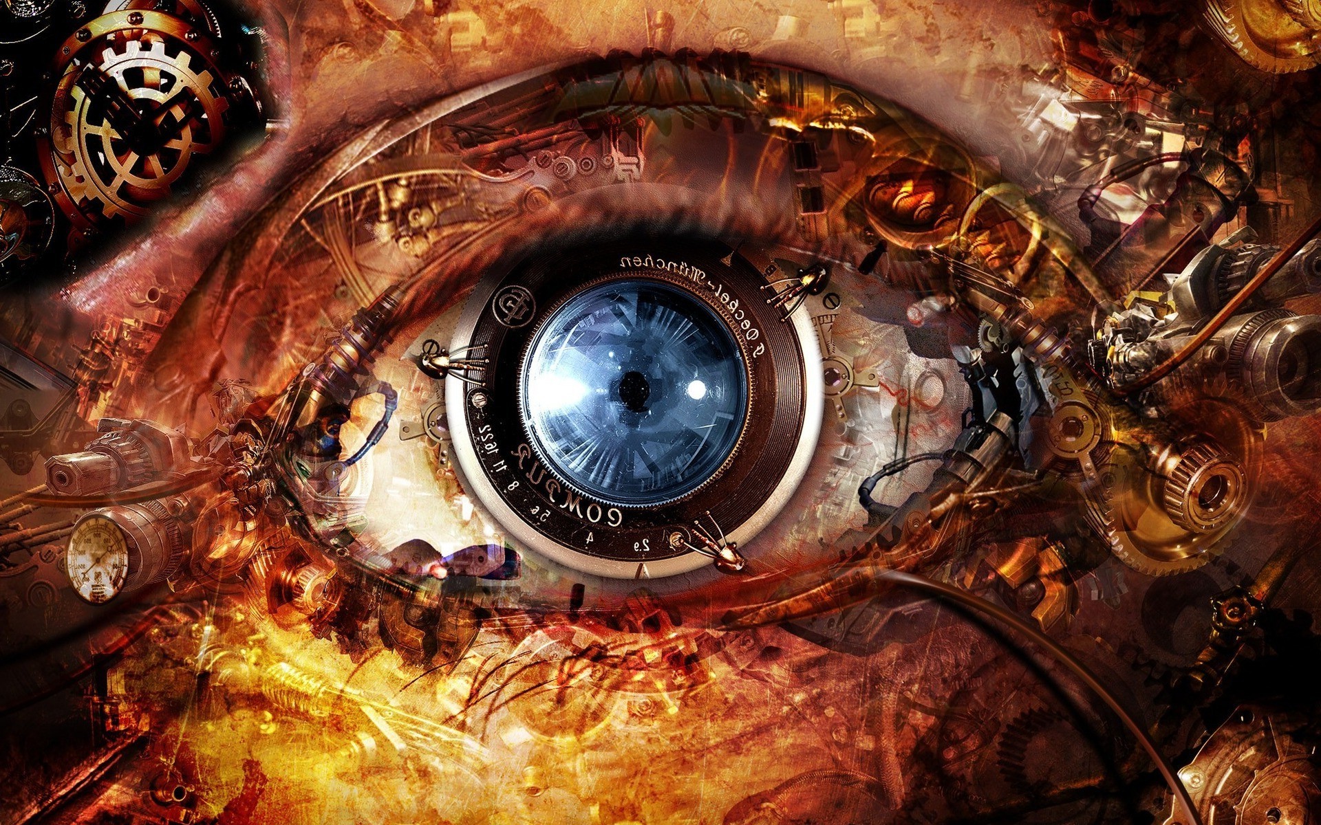Steampunk mechanical eye with gears and wires HD Wallpaper