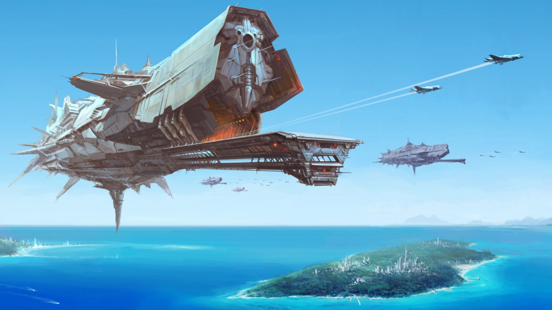 Futuristic aircraft carrier and fighter jets over islands HD Wallpaper