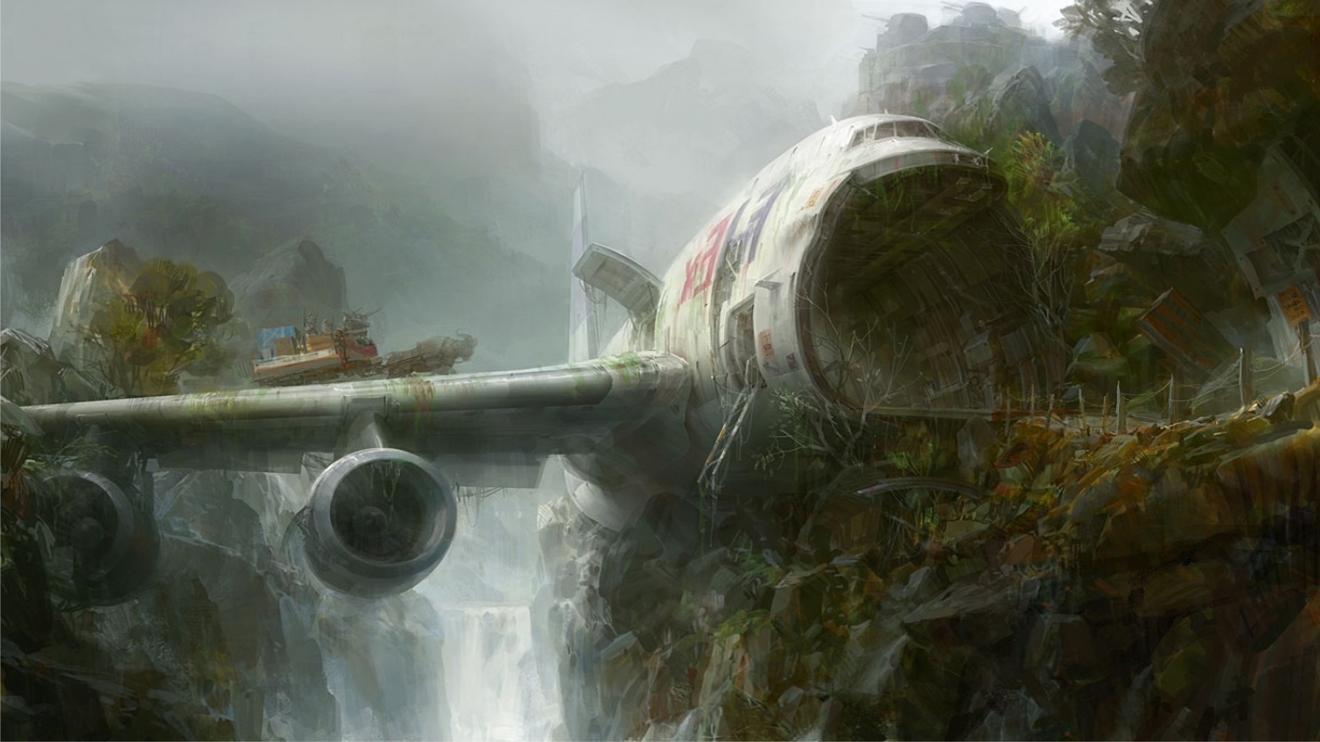 Abandoned FedEx Aircraft in a Misty Canyon HD Wallpaper
