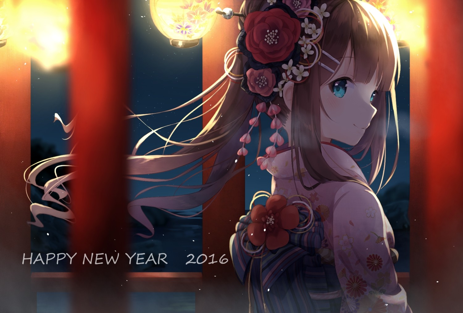 Anime girl in kimono with hair ornaments and lanterns HD Wallpaper