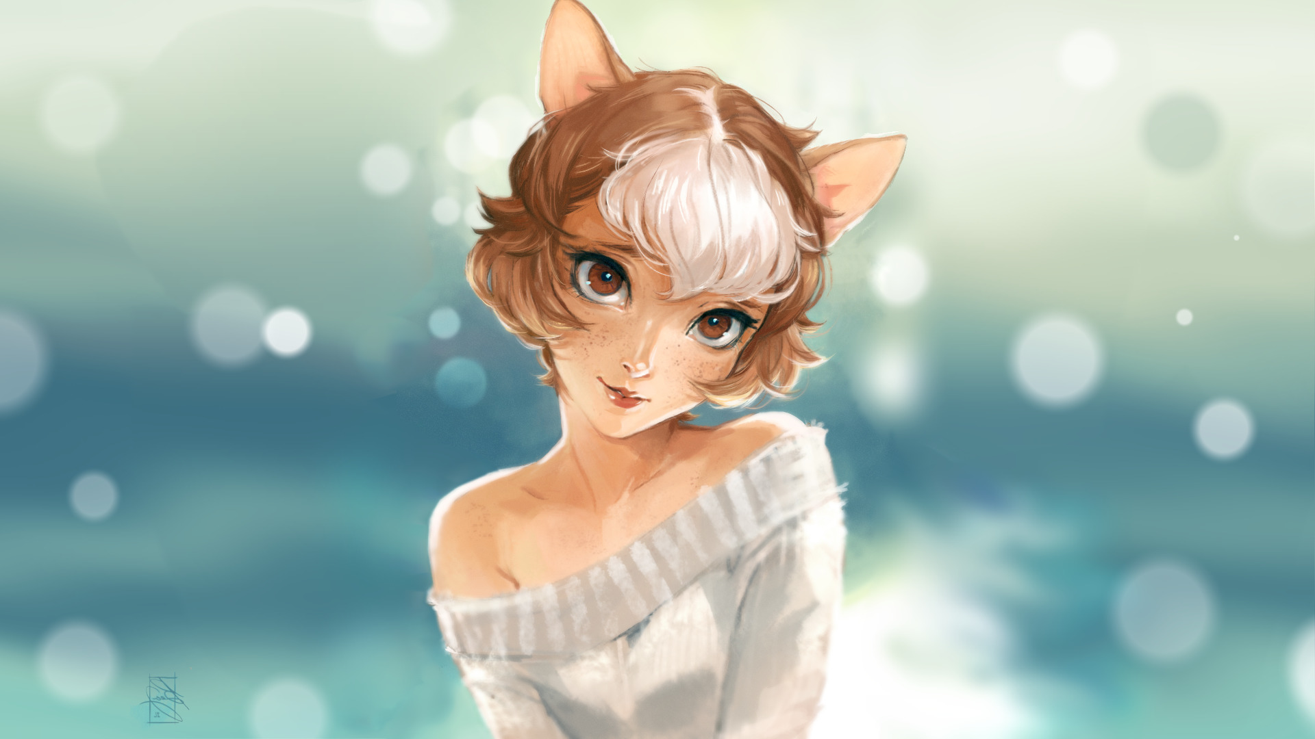 Anime cat girl with brown and white hair HD Wallpaper