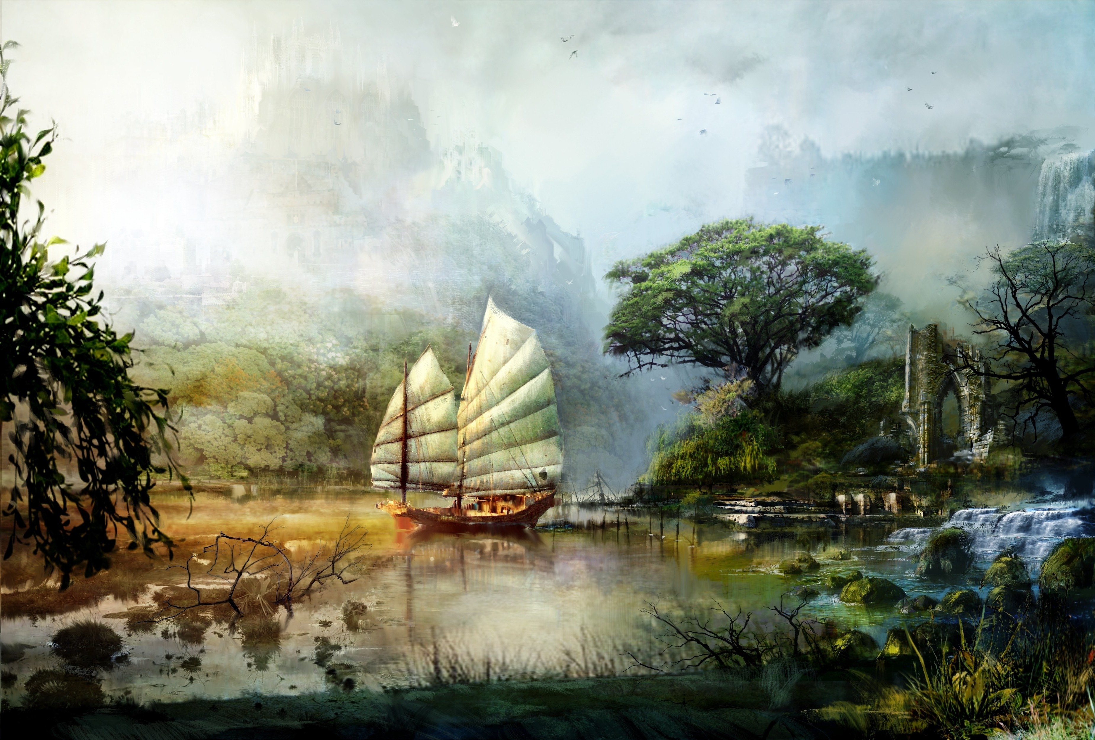 Guild Wars 2 concept art of a boat on a lake HD Wallpaper