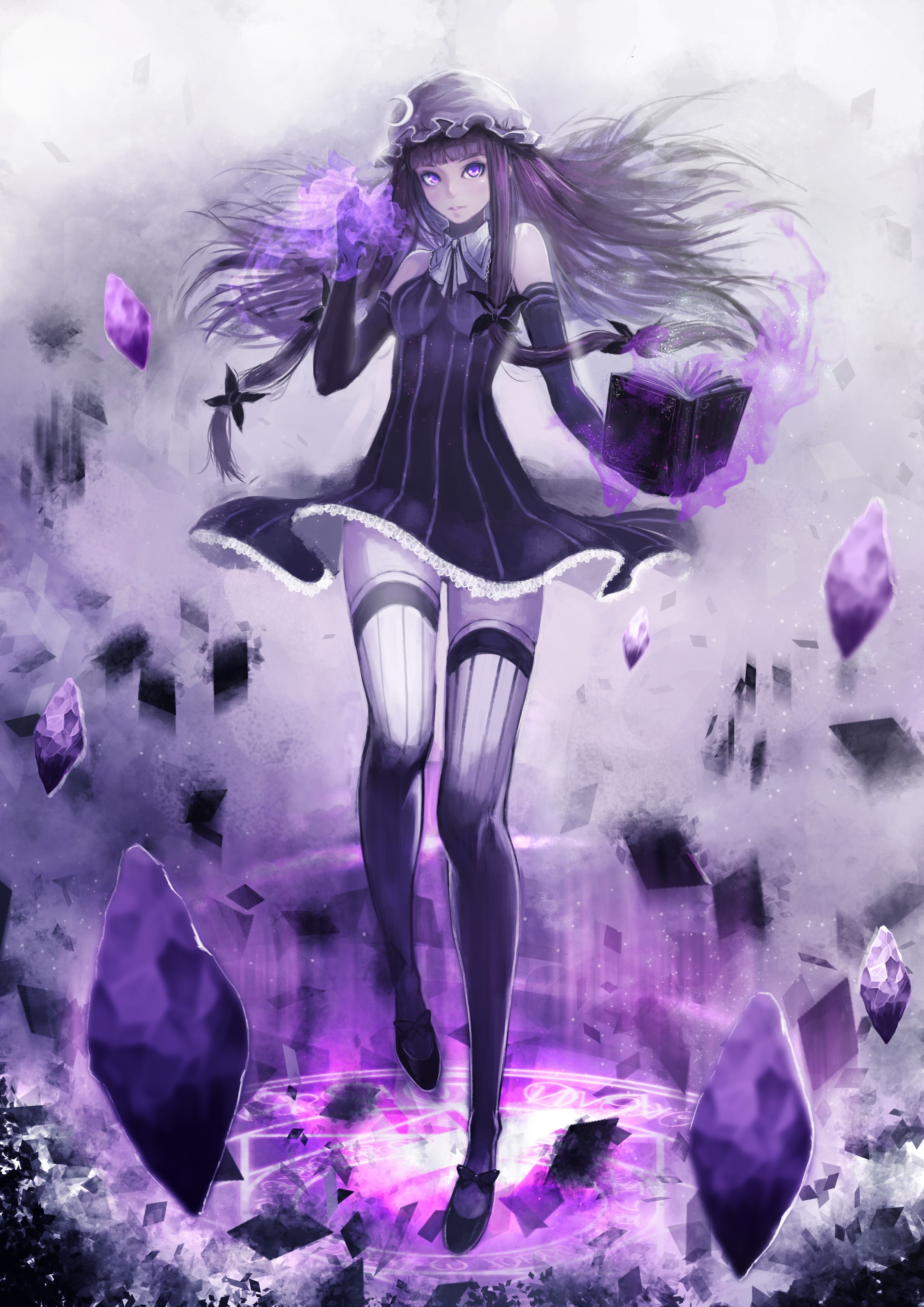 Girl with magic book and purple crystals HD Wallpaper