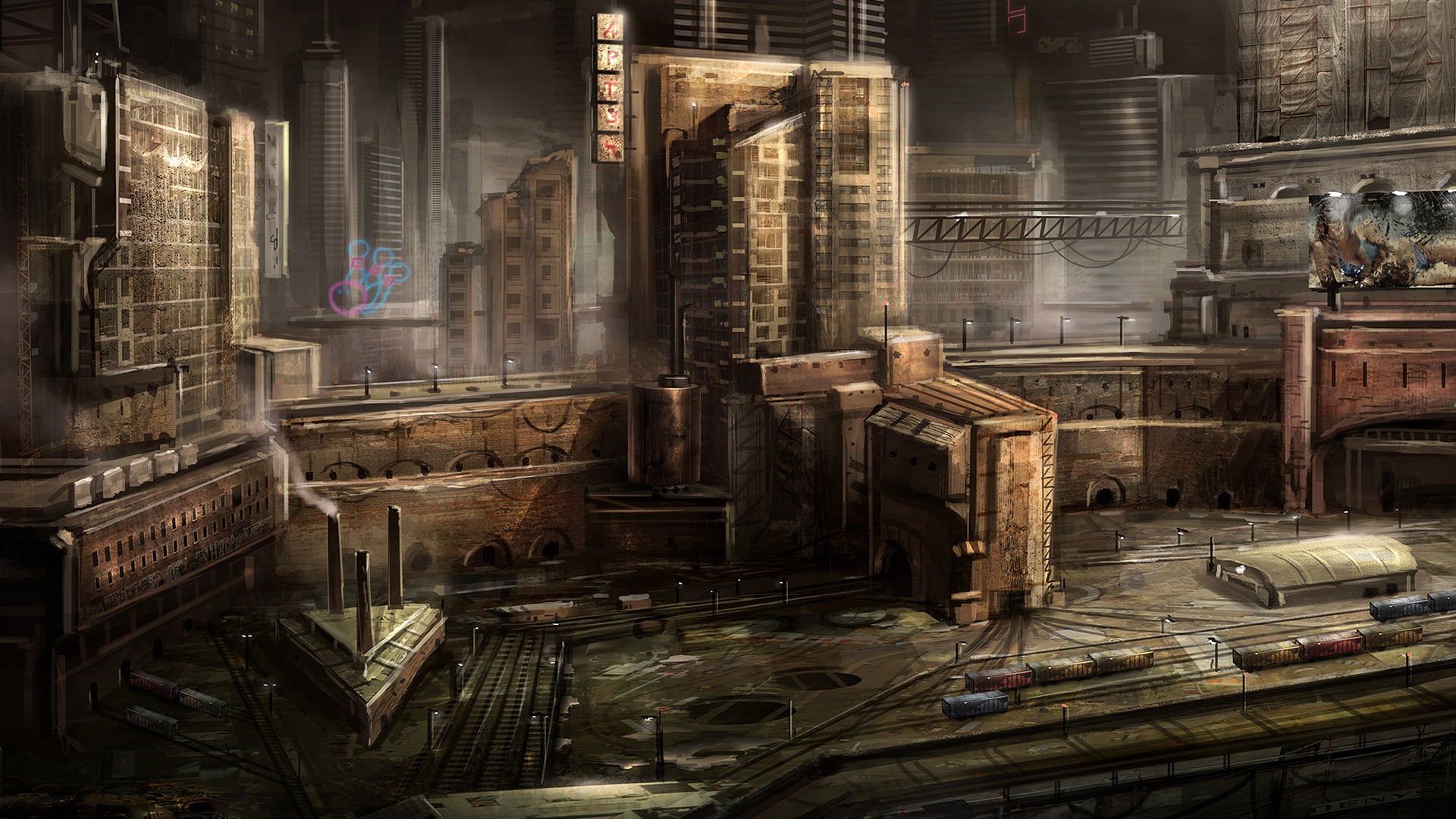 Futuristic industrial city with trains and factories HD Wallpaper