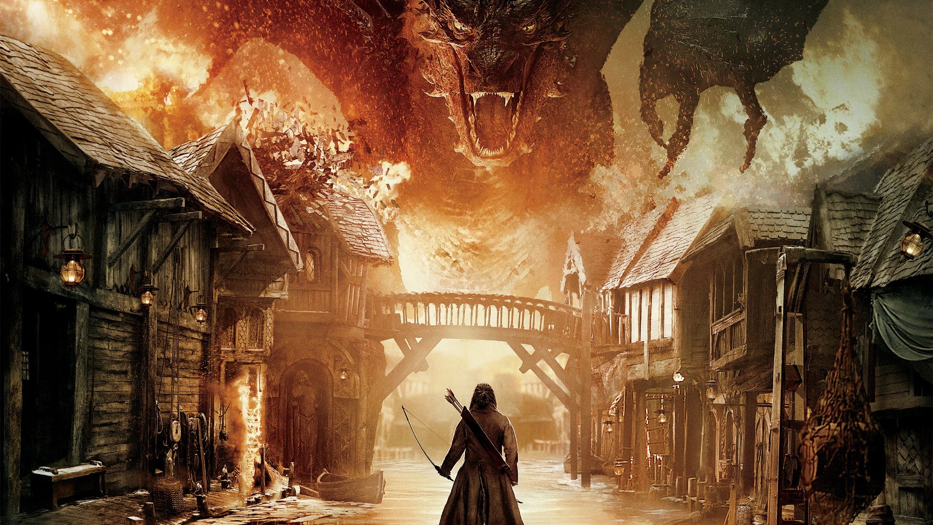 Smaug the dragon attacks Laketown in The Hobbit HD Wallpaper