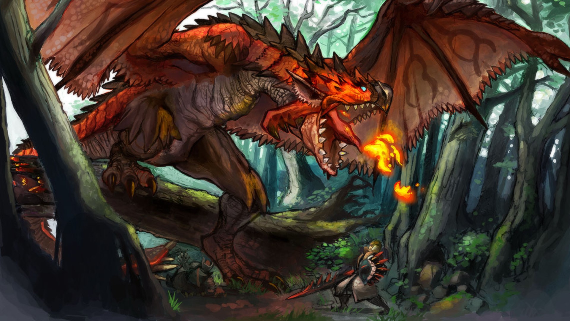 Monster Hunter Rathalos fighting in a forest HD Wallpaper