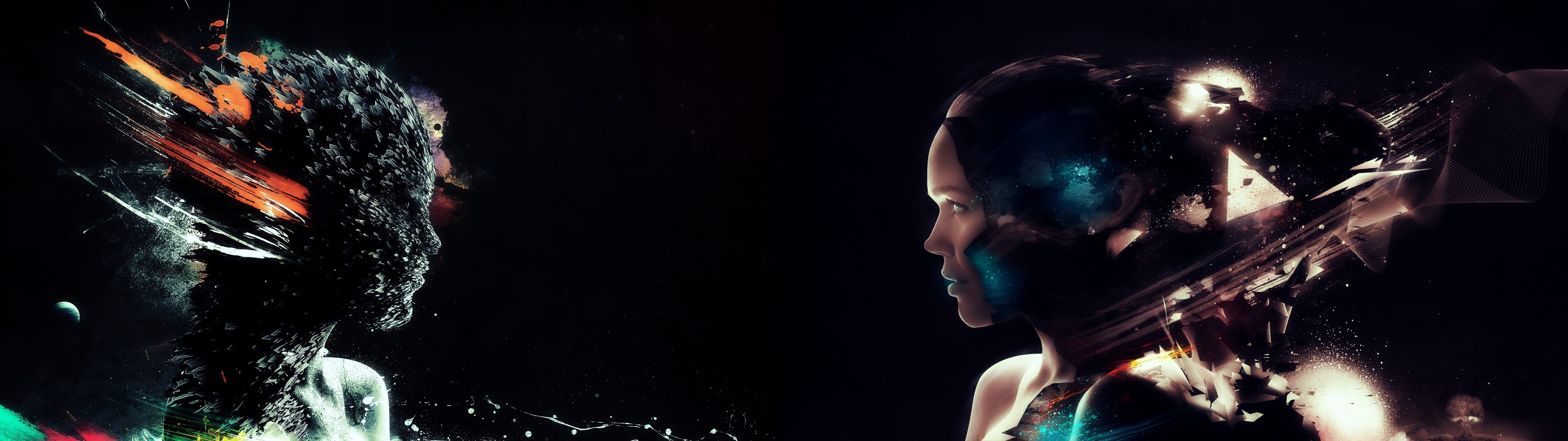 Abstract digital art of two profiles facing each other HD Wallpaper