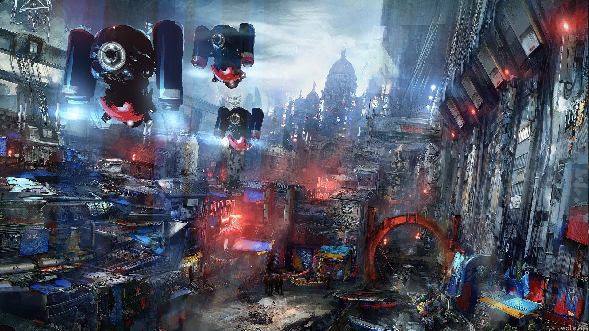 Drones flying over a futuristic, dystopian city HD Wallpaper