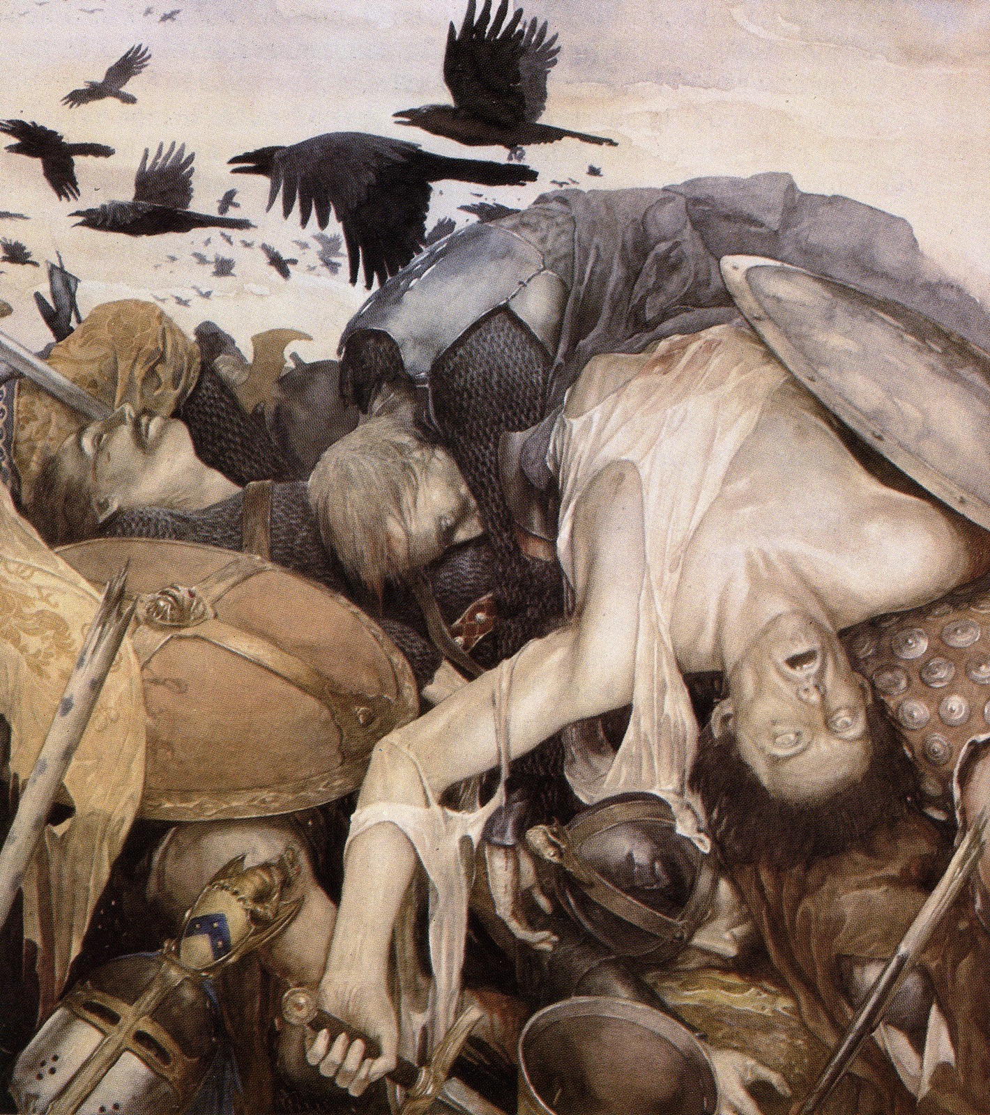 Medieval battle aftermath with crows and fallen soldiers HD Wallpaper