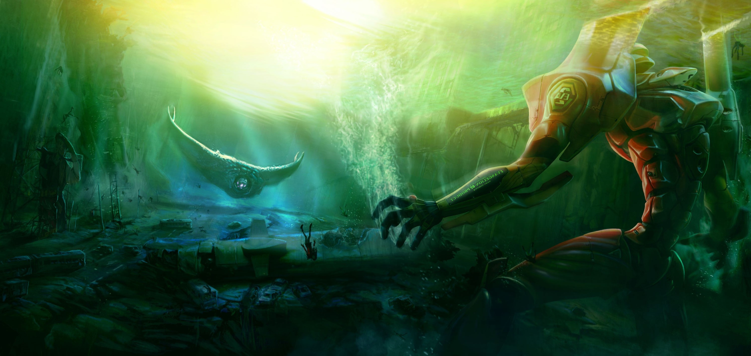 EVA Unit 02 from Neon Genesis Evangelion underwater HD Wallpaper