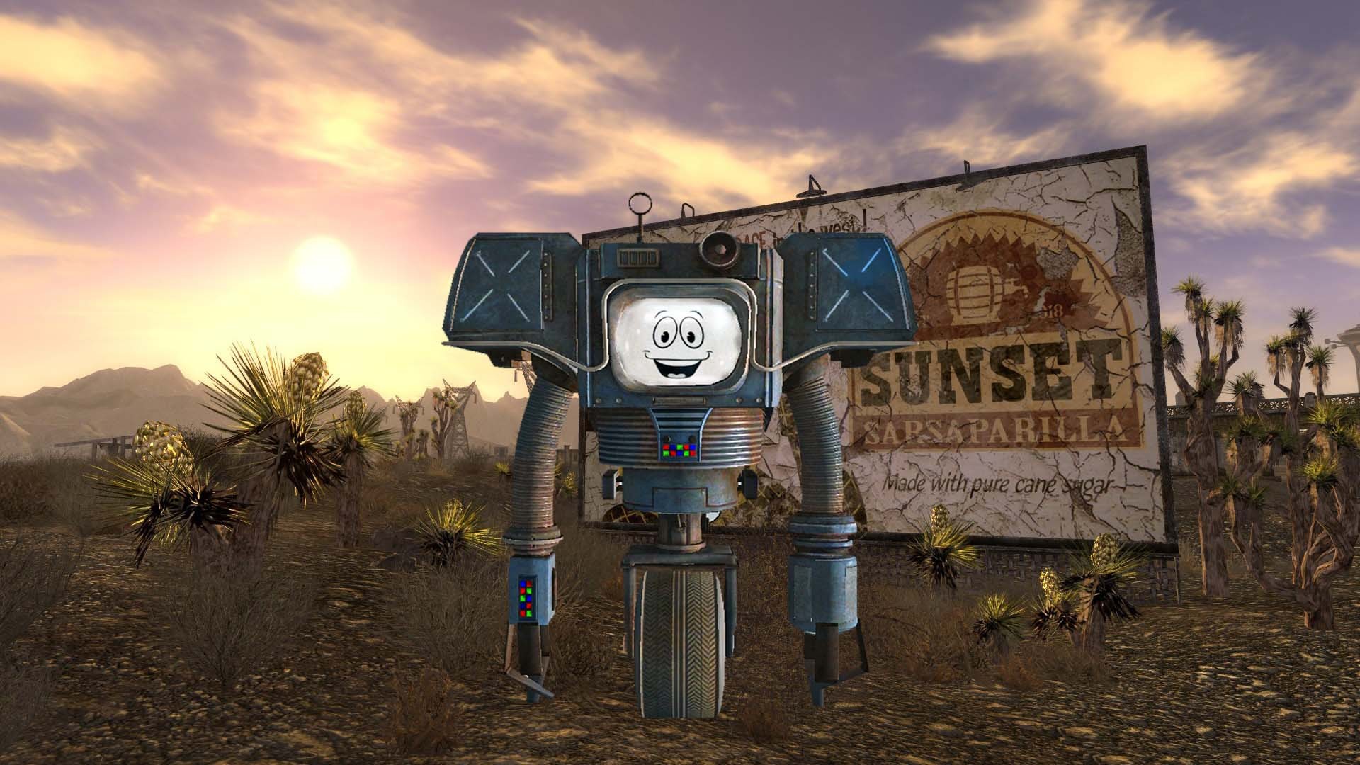 A robot from Fallout: New Vegas in a desert HD Wallpaper