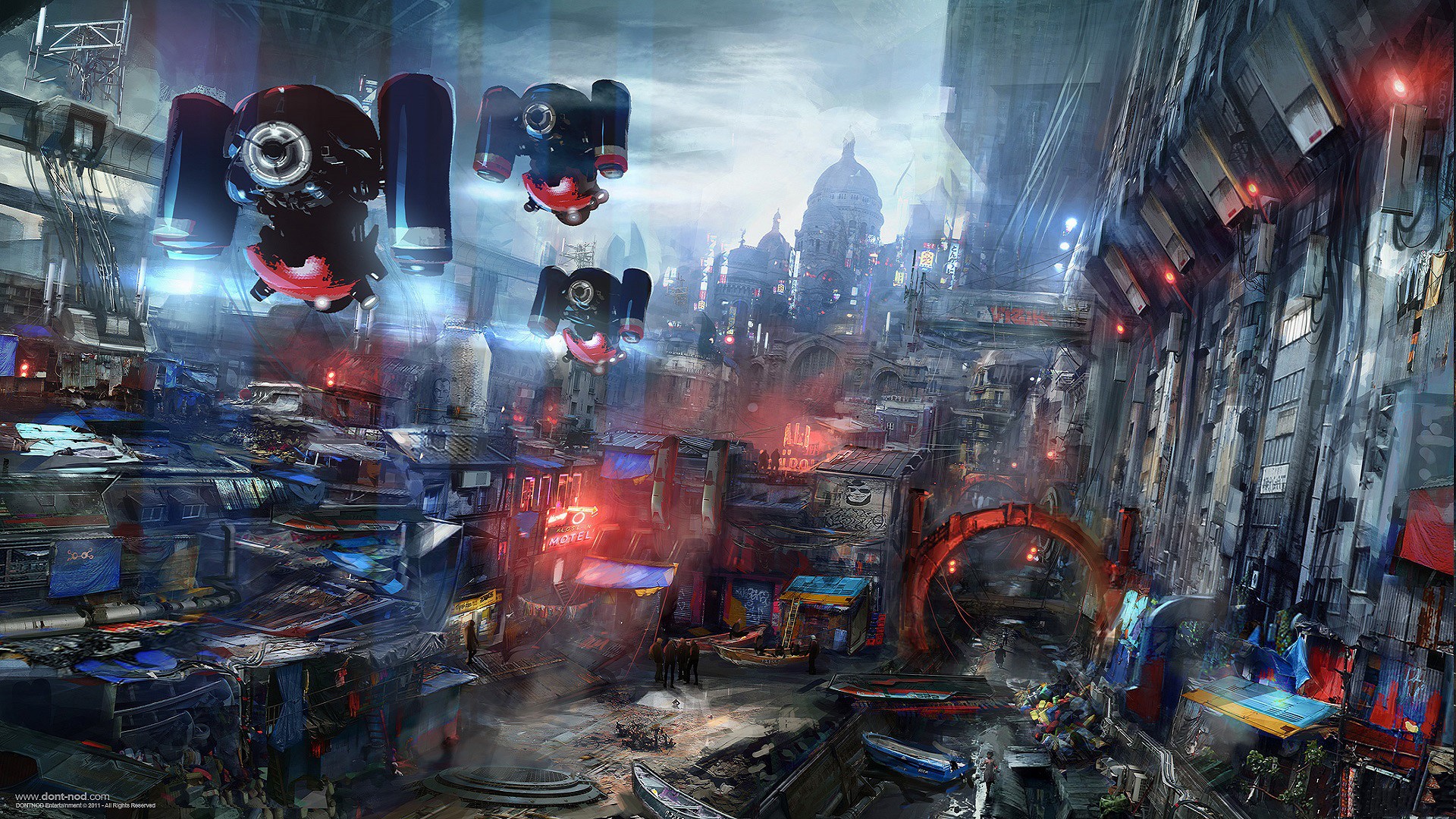 Cyberpunk futuristic city with drones and neon lights HD Wallpaper