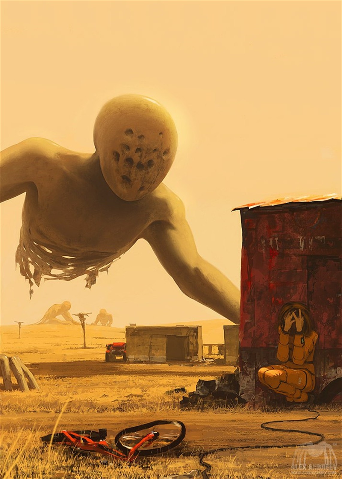 Surreal artwork of giant figures in a desert landscape HD Wallpaper