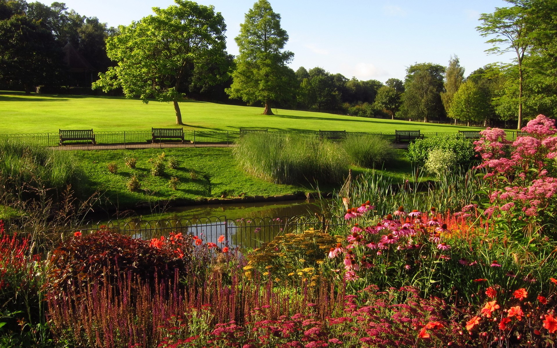 Park with pond and flower beds HD Wallpaper