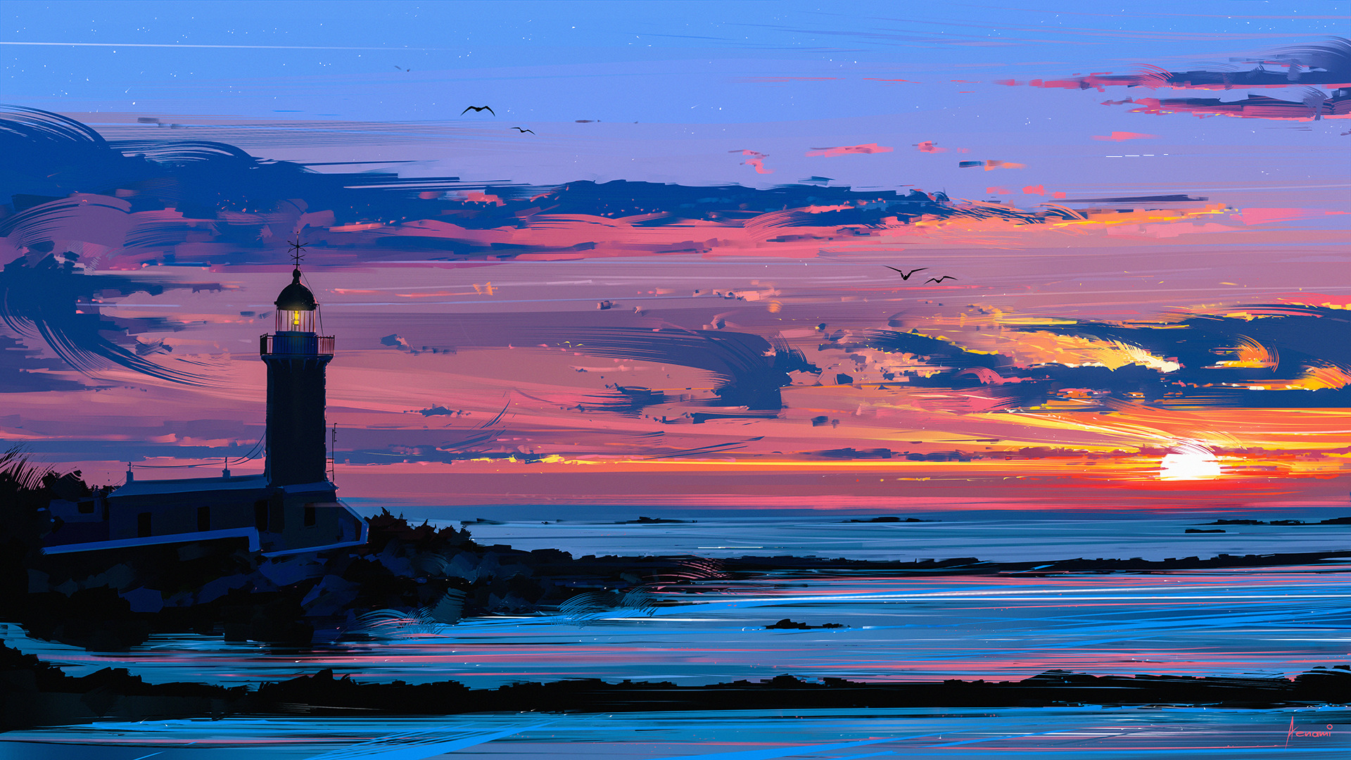 Lighthouse on a rocky coast at sunset HD Wallpaper