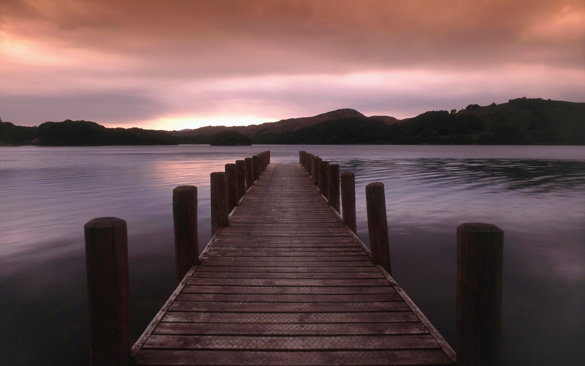 Wooden dock on a lake at sunset HD Wallpaper
