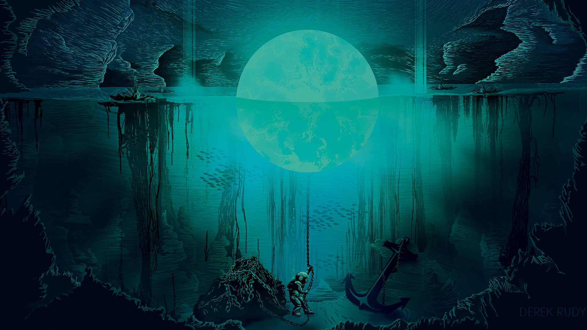 Underwater Cave with Diver and Moon by Derek Rudy HD Wallpaper