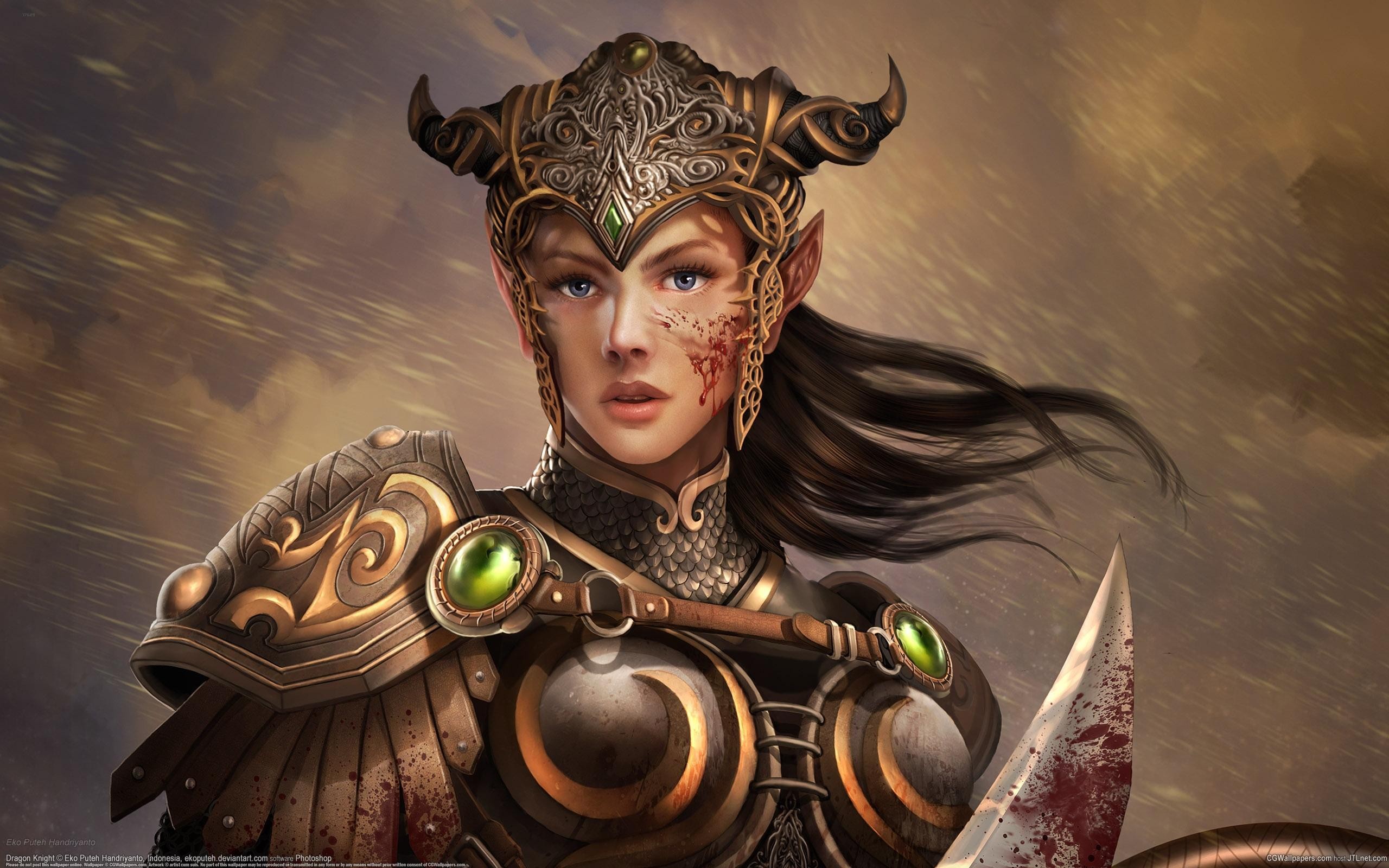 Fantasy warrior elf with ornate armor and bloody sword HD Wallpaper