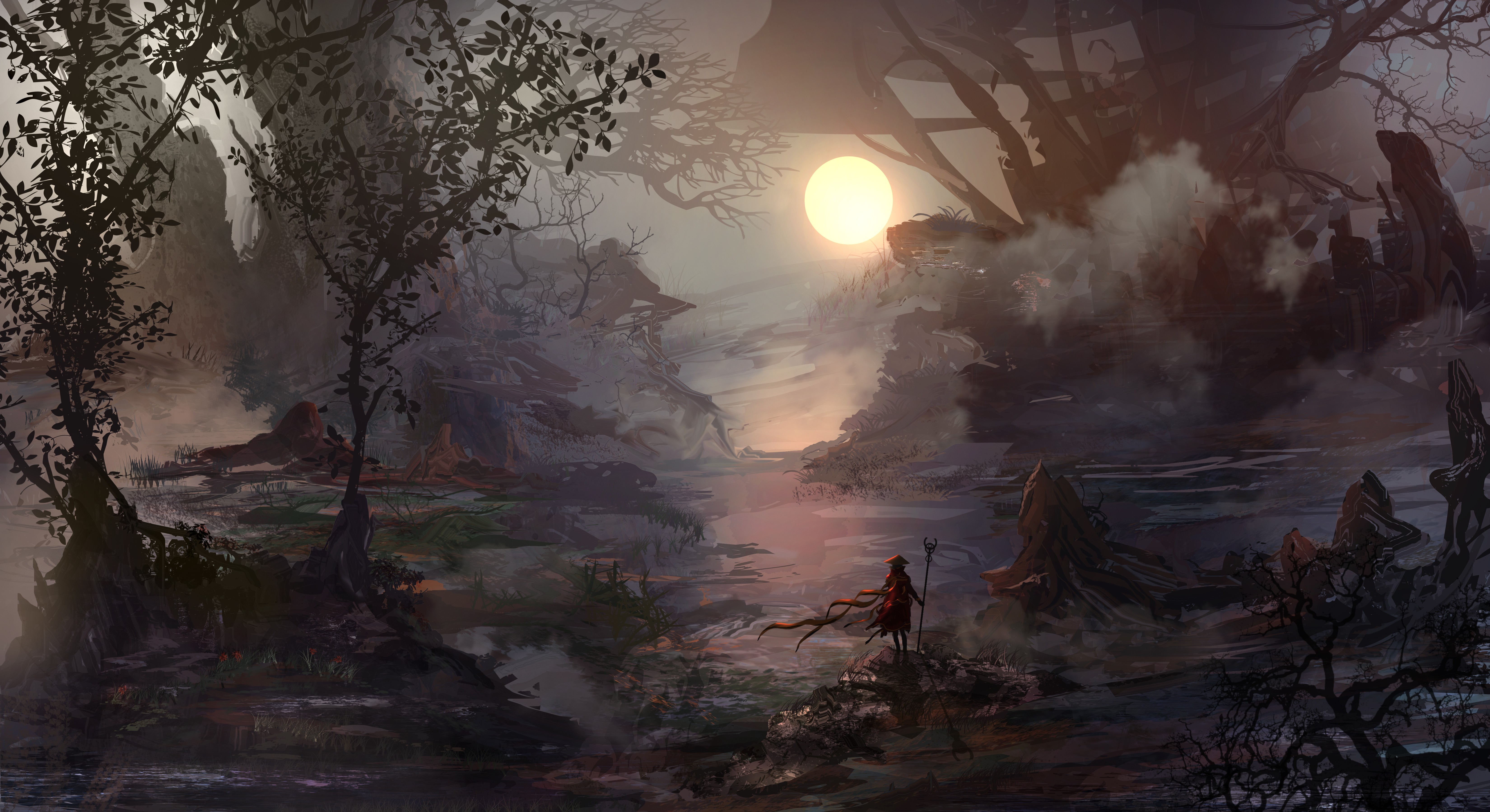 Lonely Warrior in a Misty Swamp at Sunset HD Wallpaper