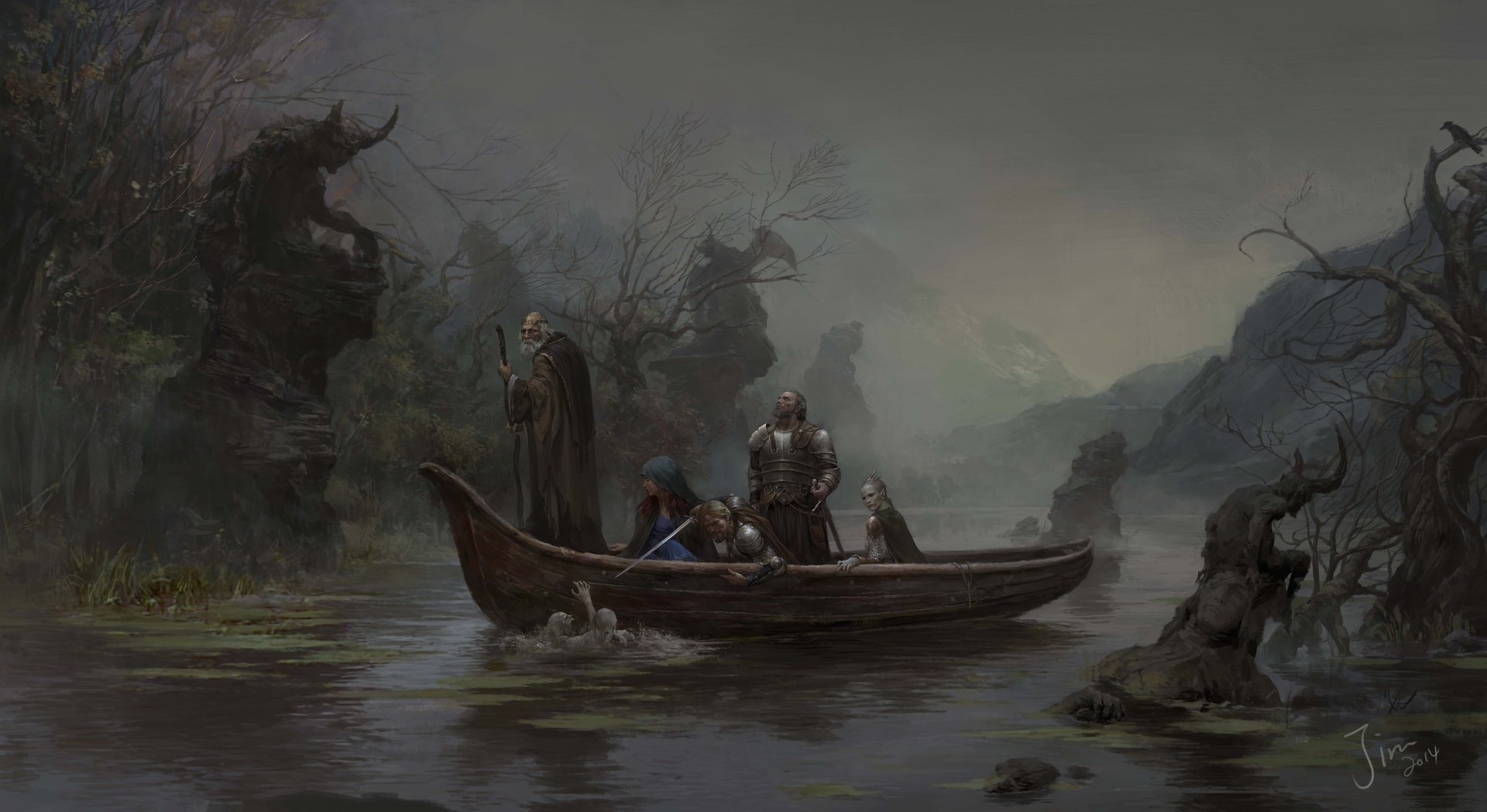 Fantasy boat journey through a misty swamp with undead HD Wallpaper