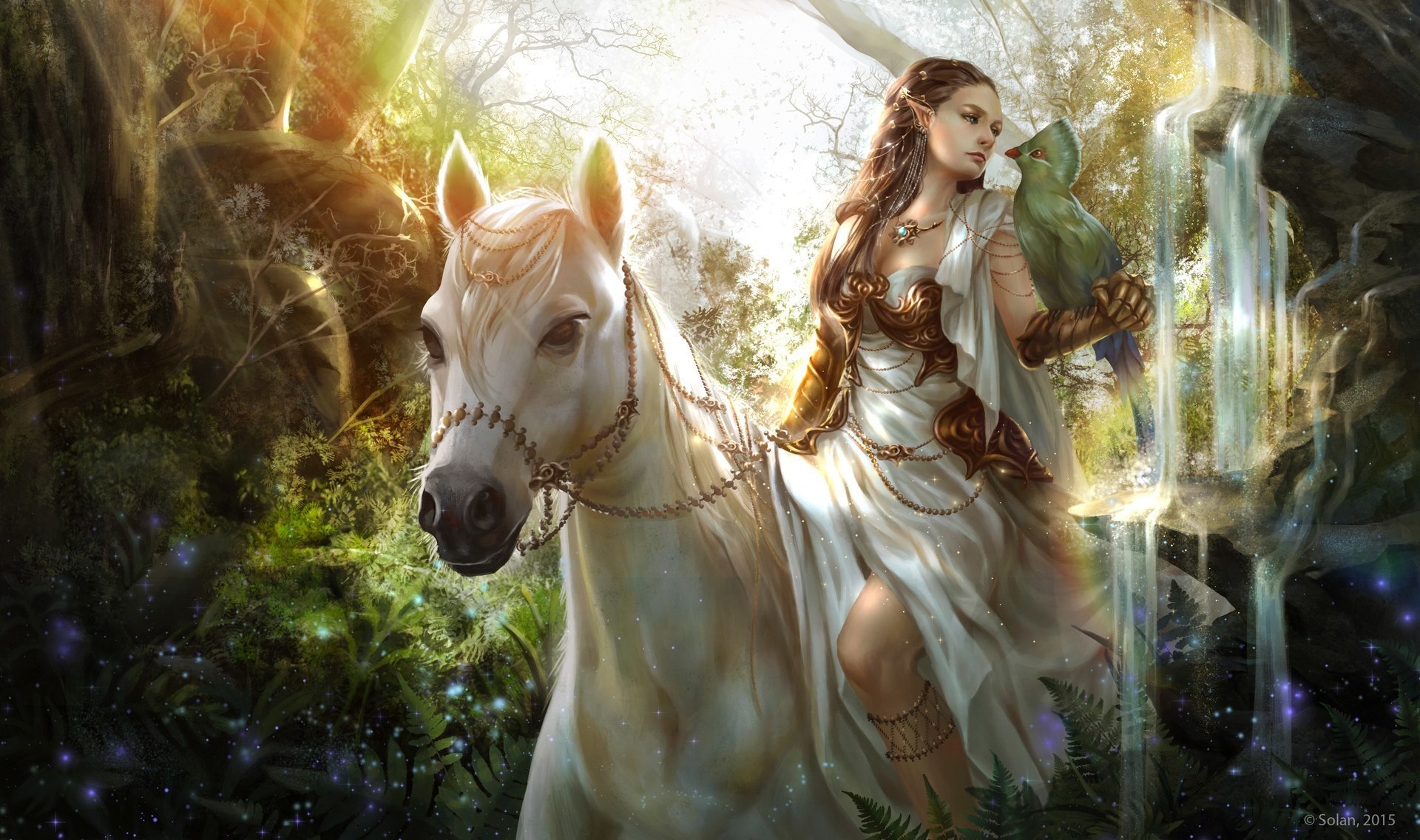 Fantasy art of an elf woman with a bird on a white horse HD Wallpaper