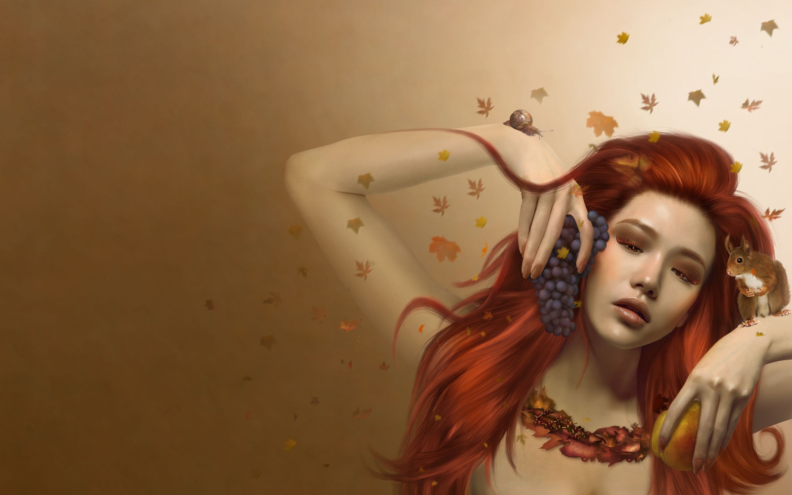 Fantasy art of a redhead woman with autumn elements HD Wallpaper