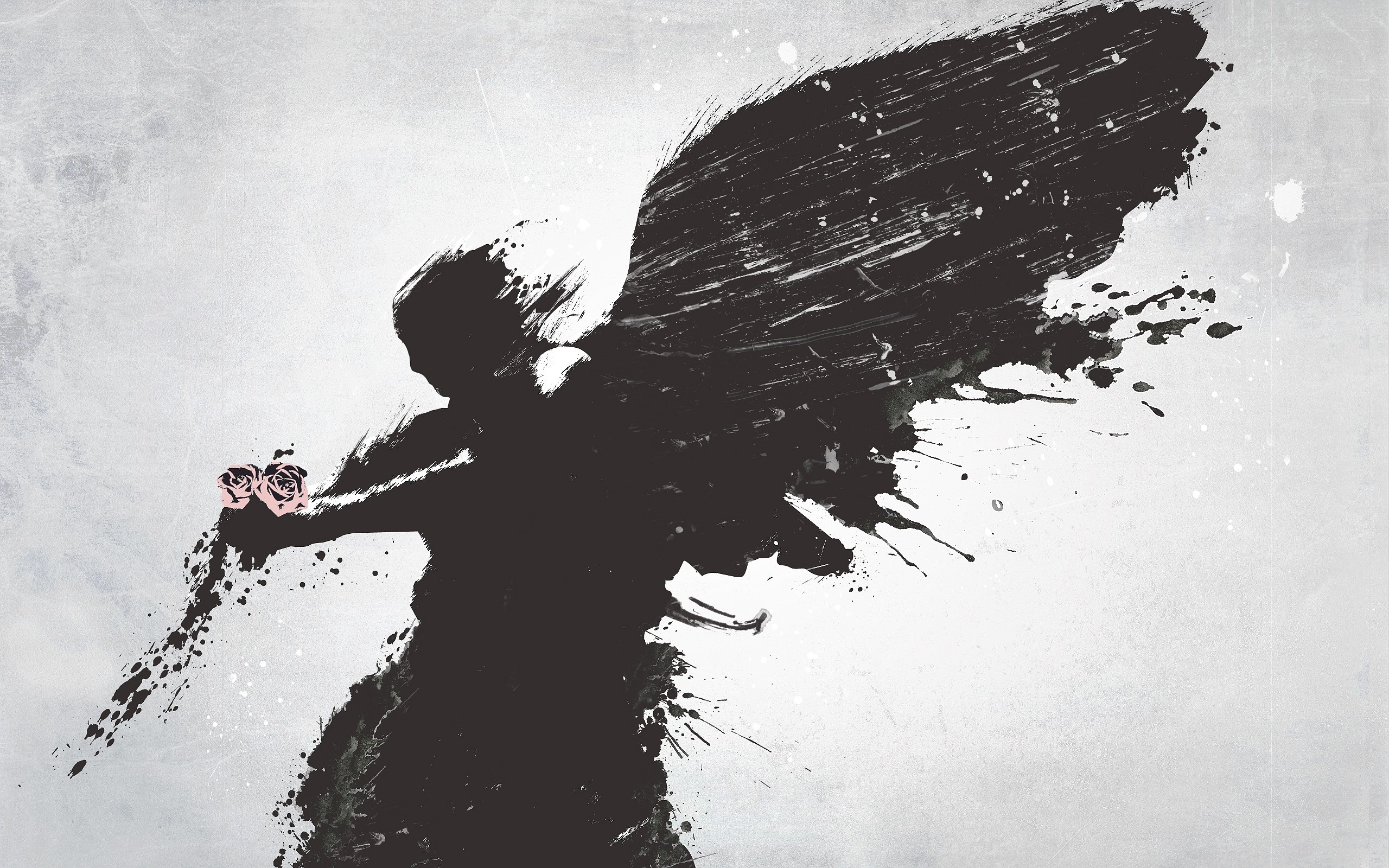 Black ink angel with pink roses HD Wallpaper