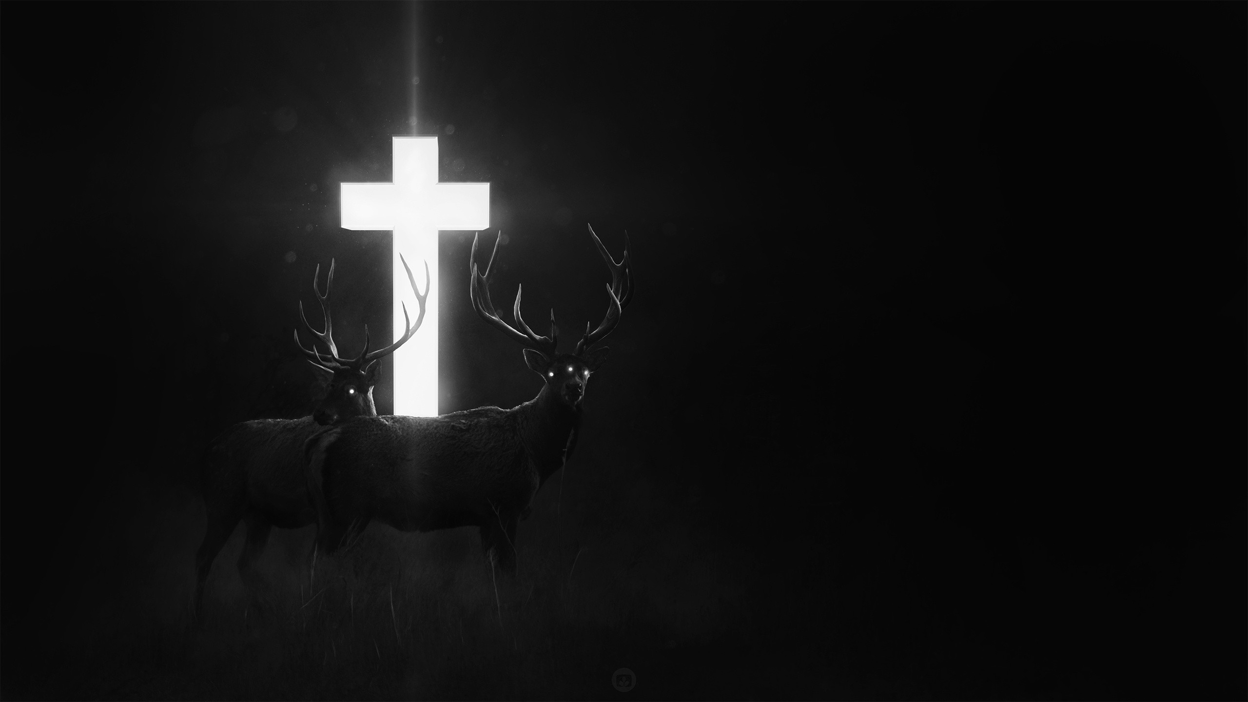 Two deer in front of a glowing cross HD Wallpaper