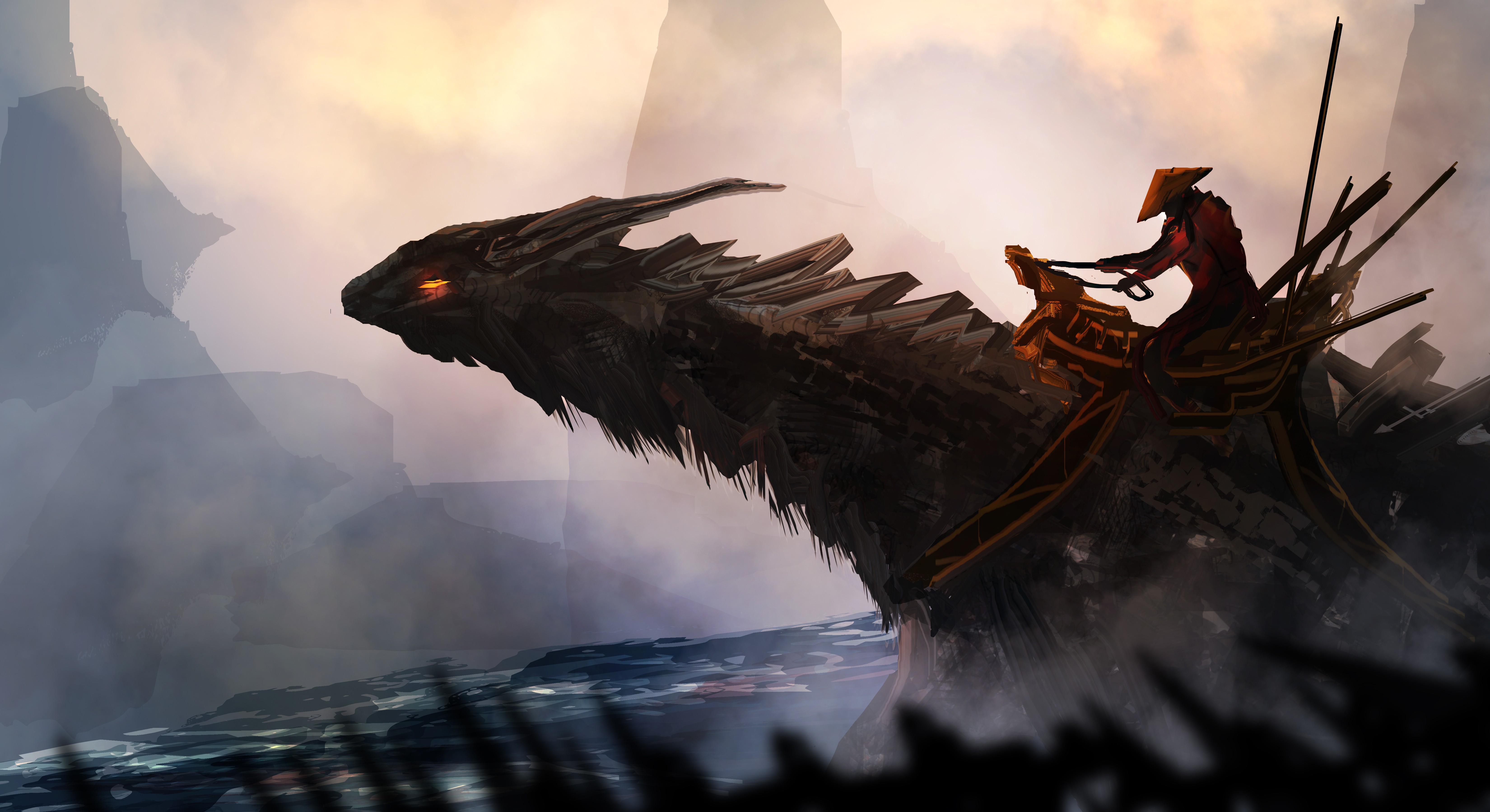 Samurai riding a dragon over water HD Wallpaper