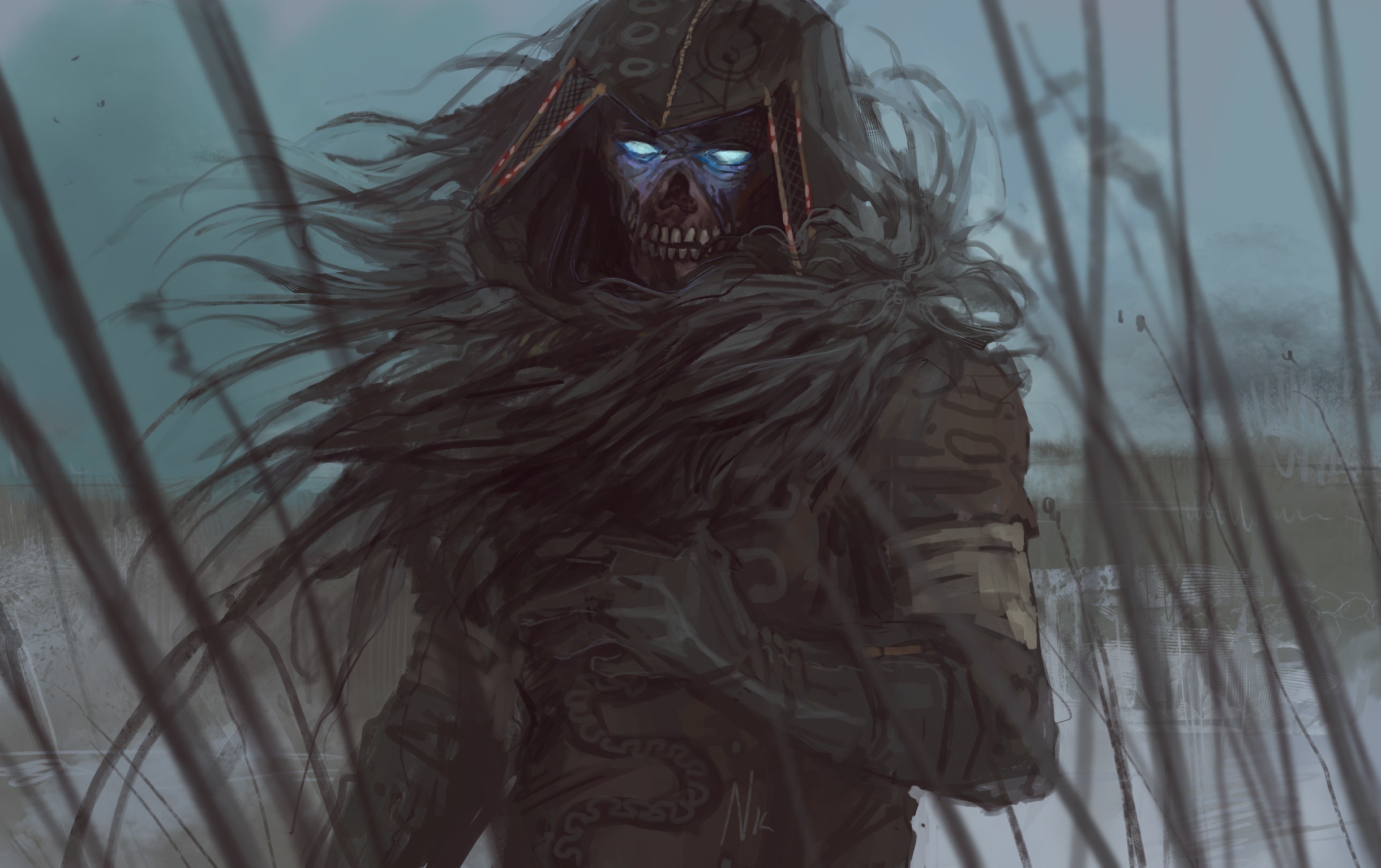 Demon with glowing eyes in a dark fantasy landscape HD Wallpaper