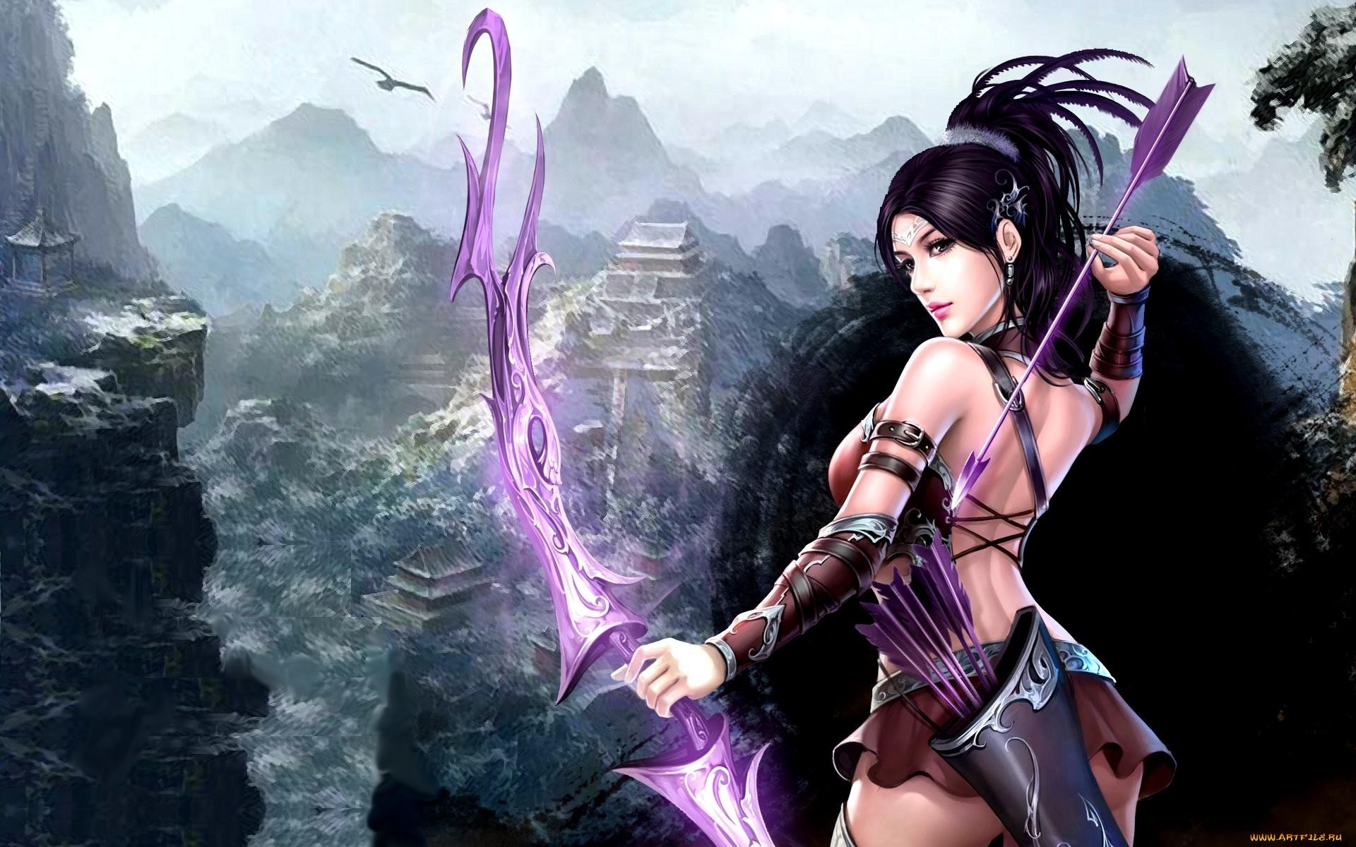 Fantasy archer girl with purple bow and arrows HD Wallpaper