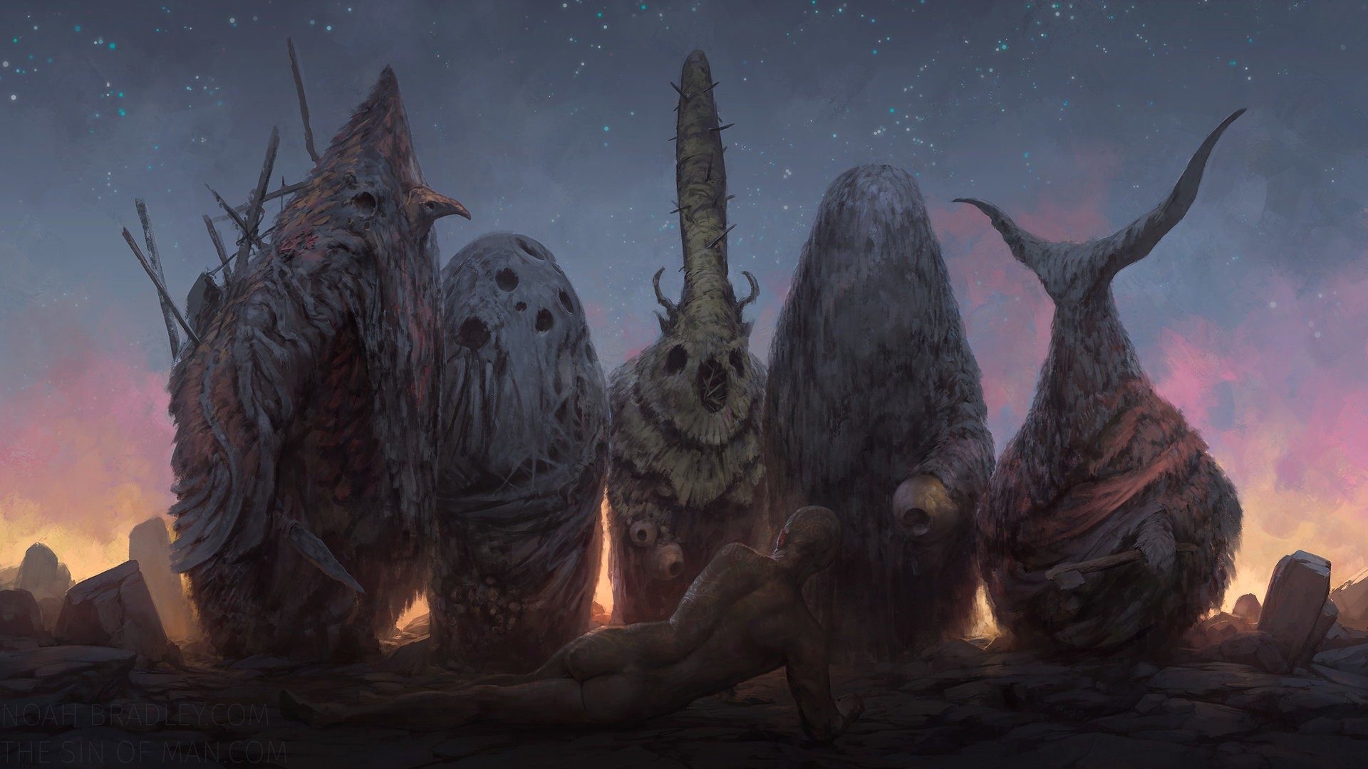 Fantasy art of strange monolithic figures and a human figure HD Wallpaper