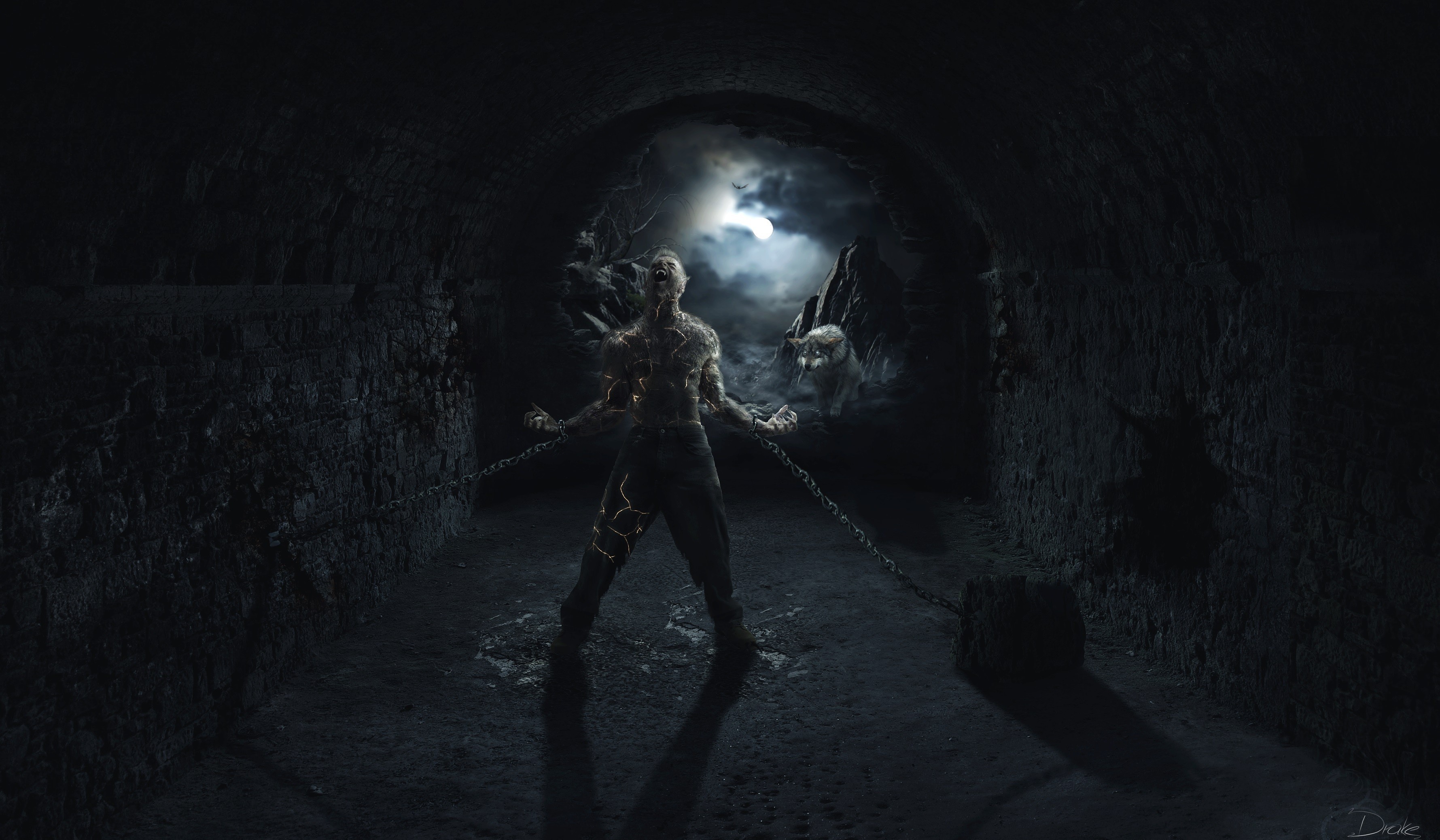 Man chained in dark tunnel with werewolf and moon HD Wallpaper