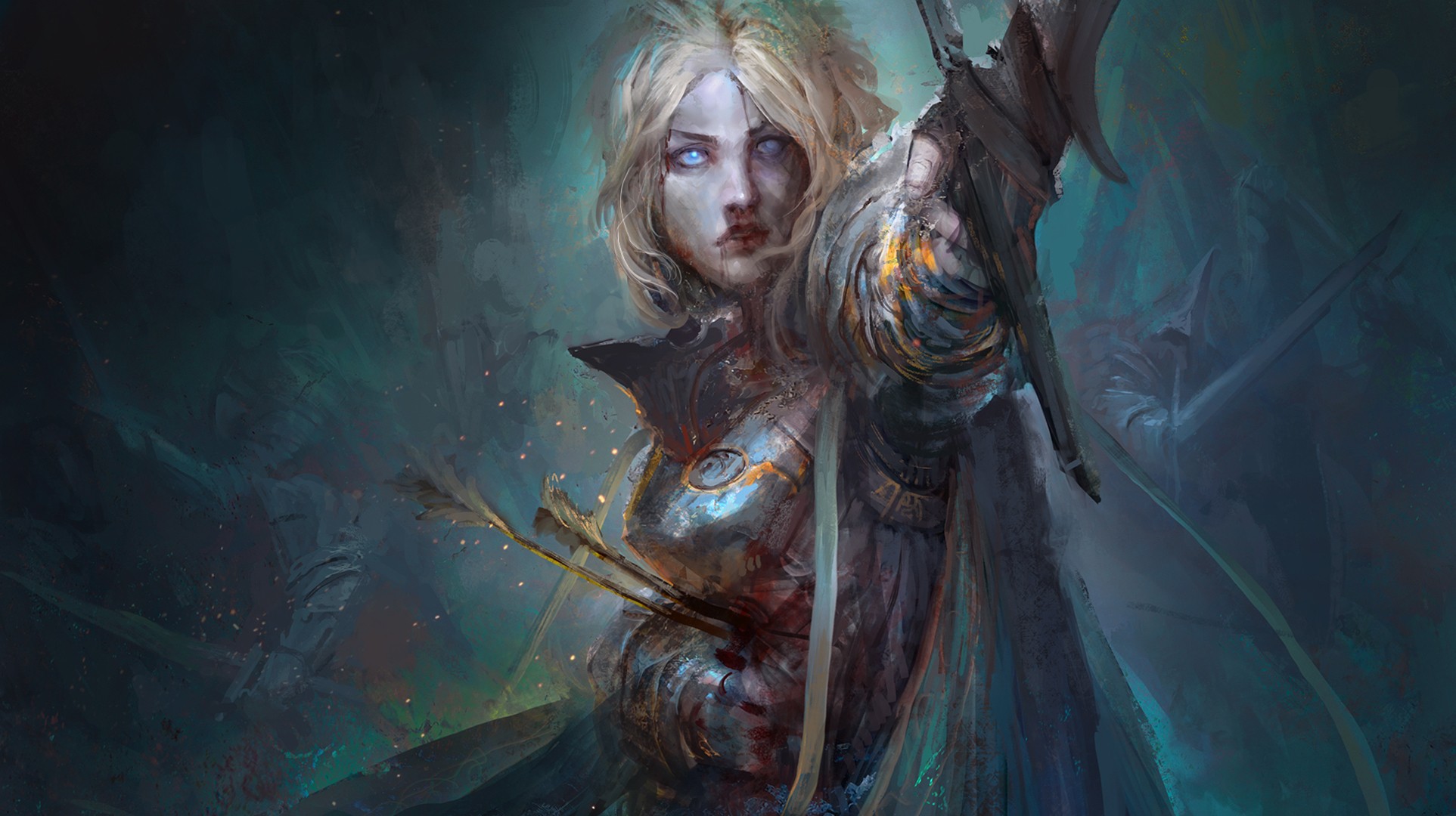 Fantasy art of a wounded female warrior with arrows HD Wallpaper