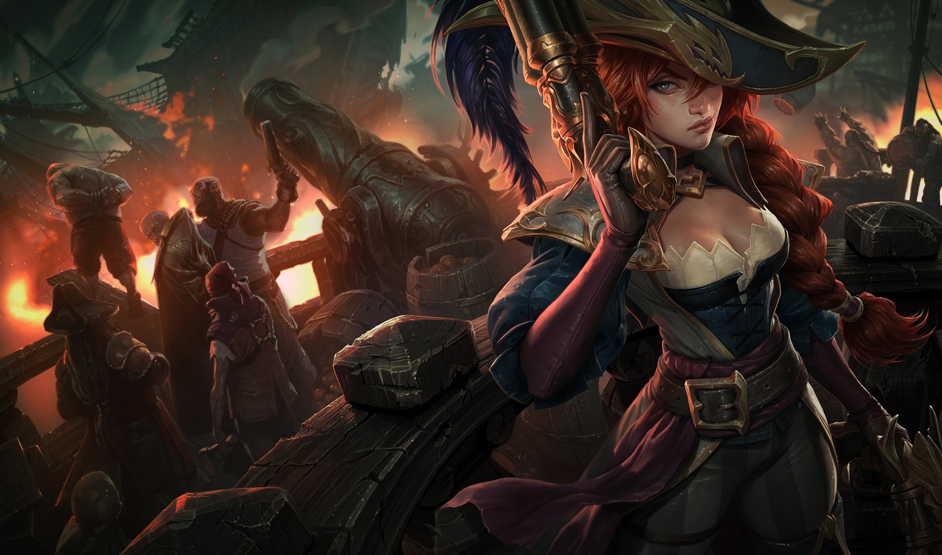 Miss Fortune from League of Legends on a burning ship HD Wallpaper