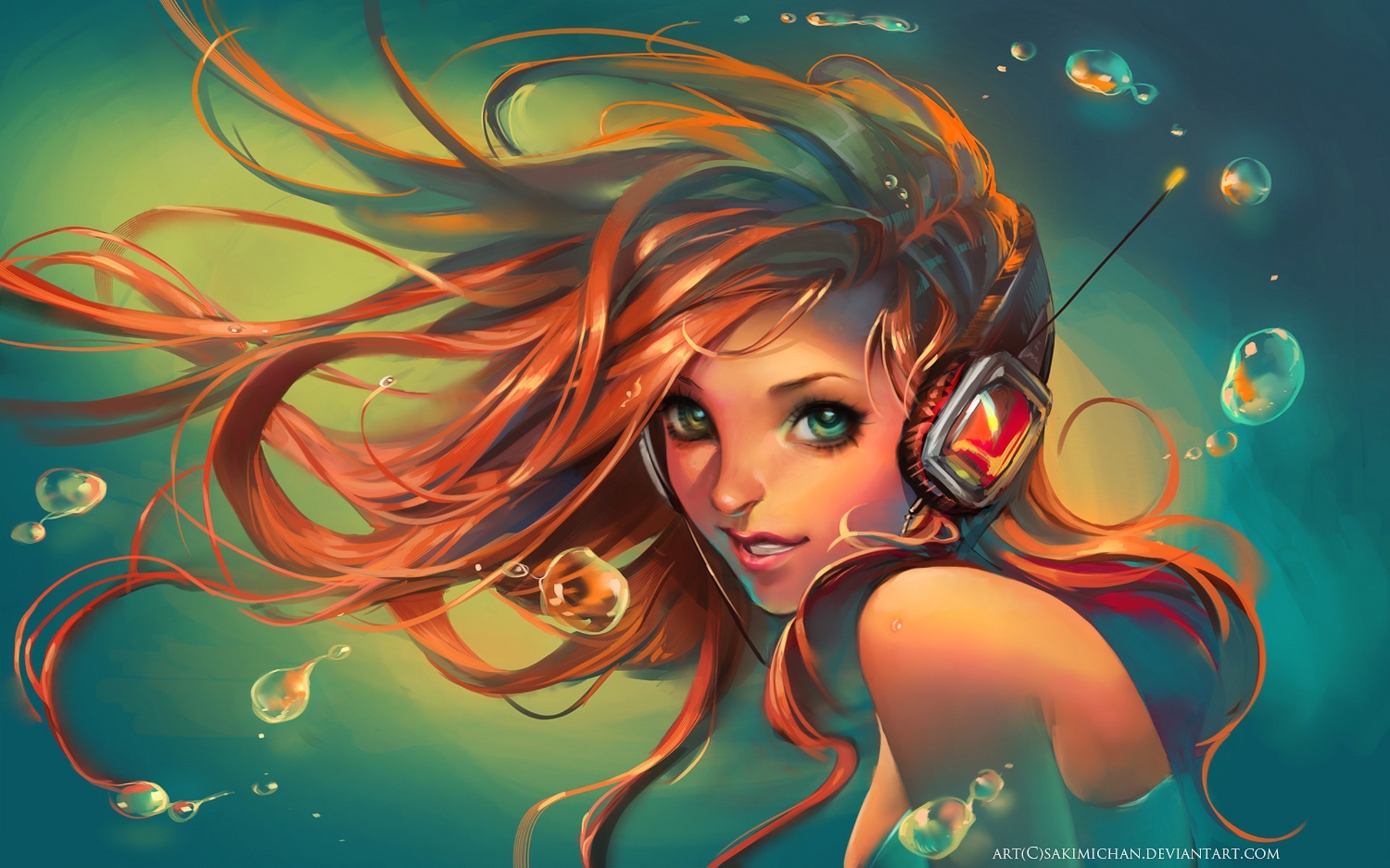 Artwork of a woman with headphones underwater HD Wallpaper