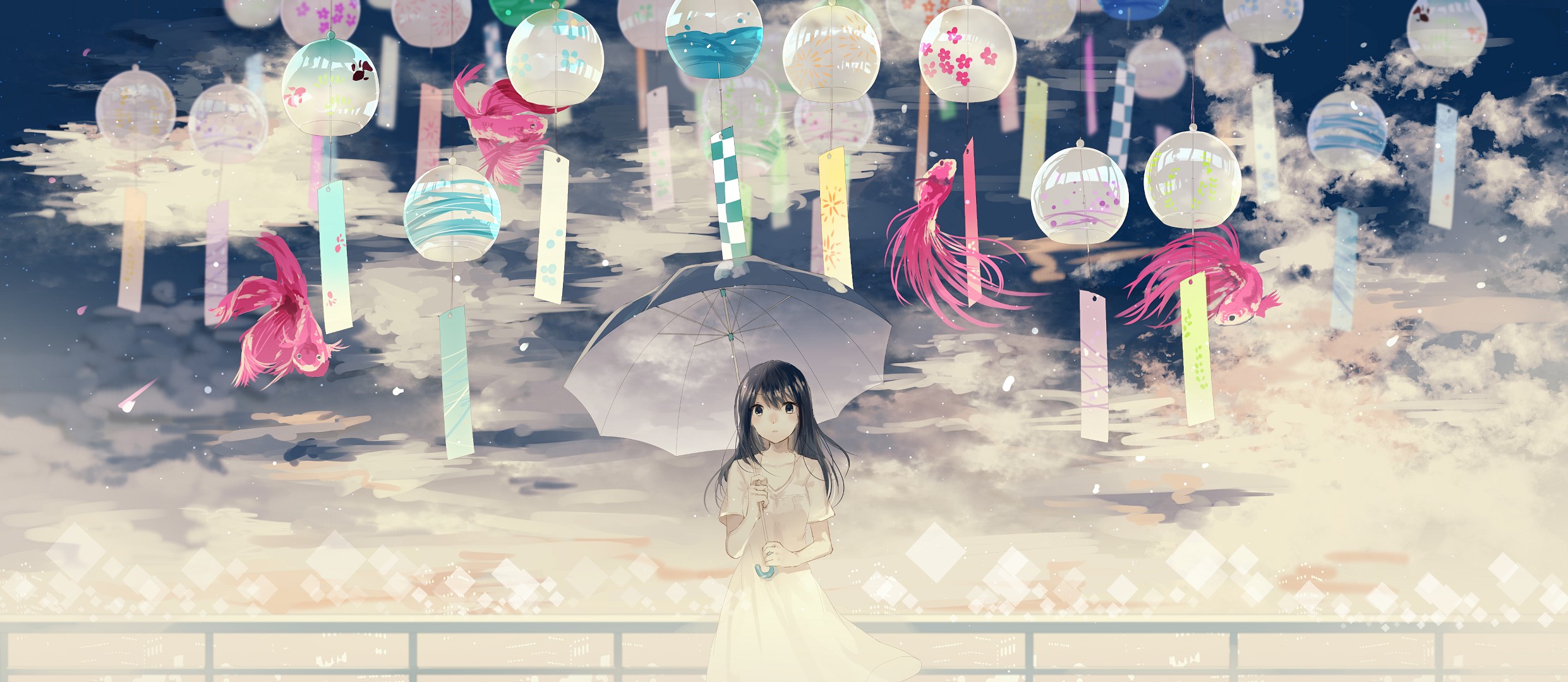Anime girl with umbrella under wind chimes HD Wallpaper