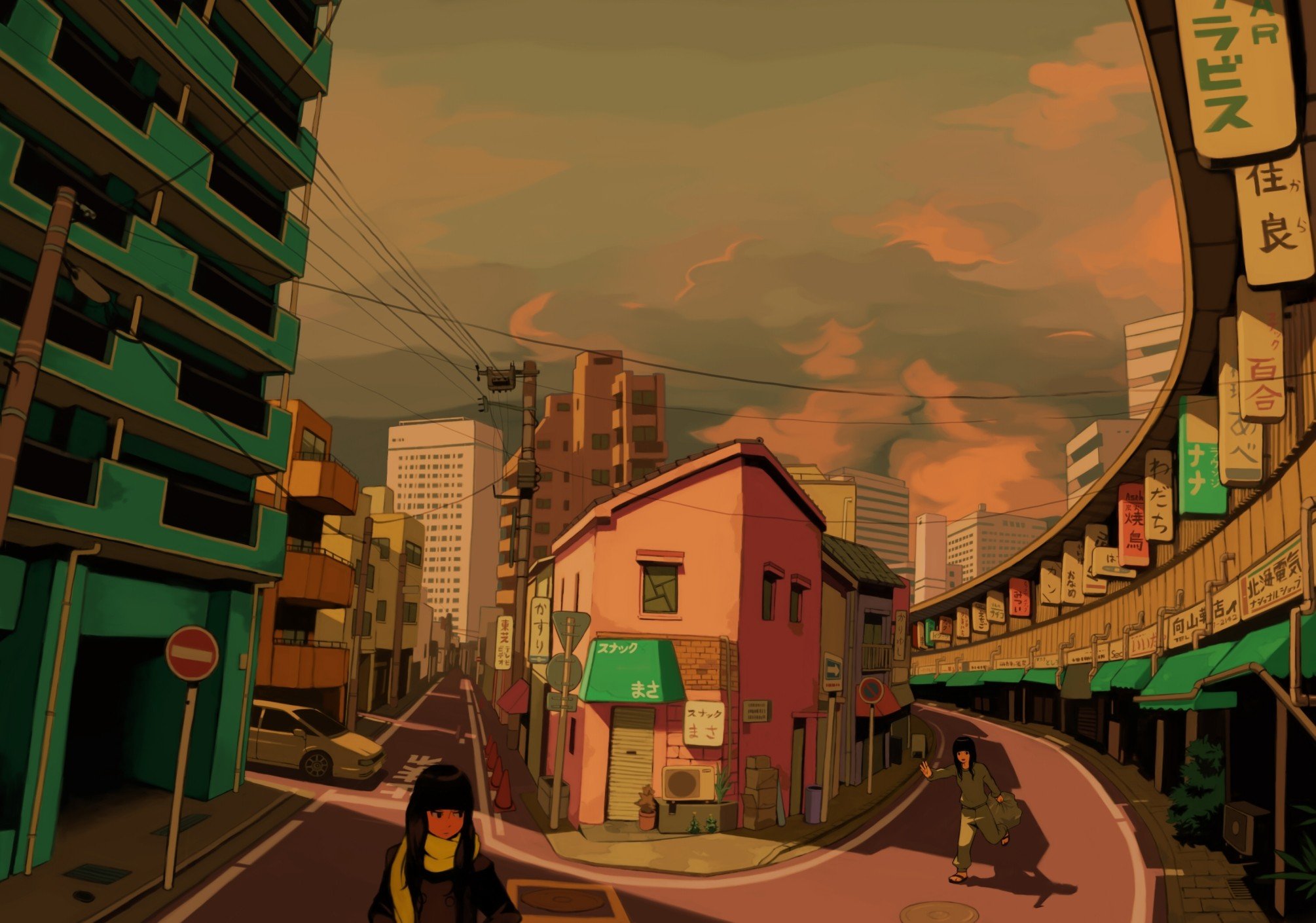 Anime town street scene at sunset HD Wallpaper