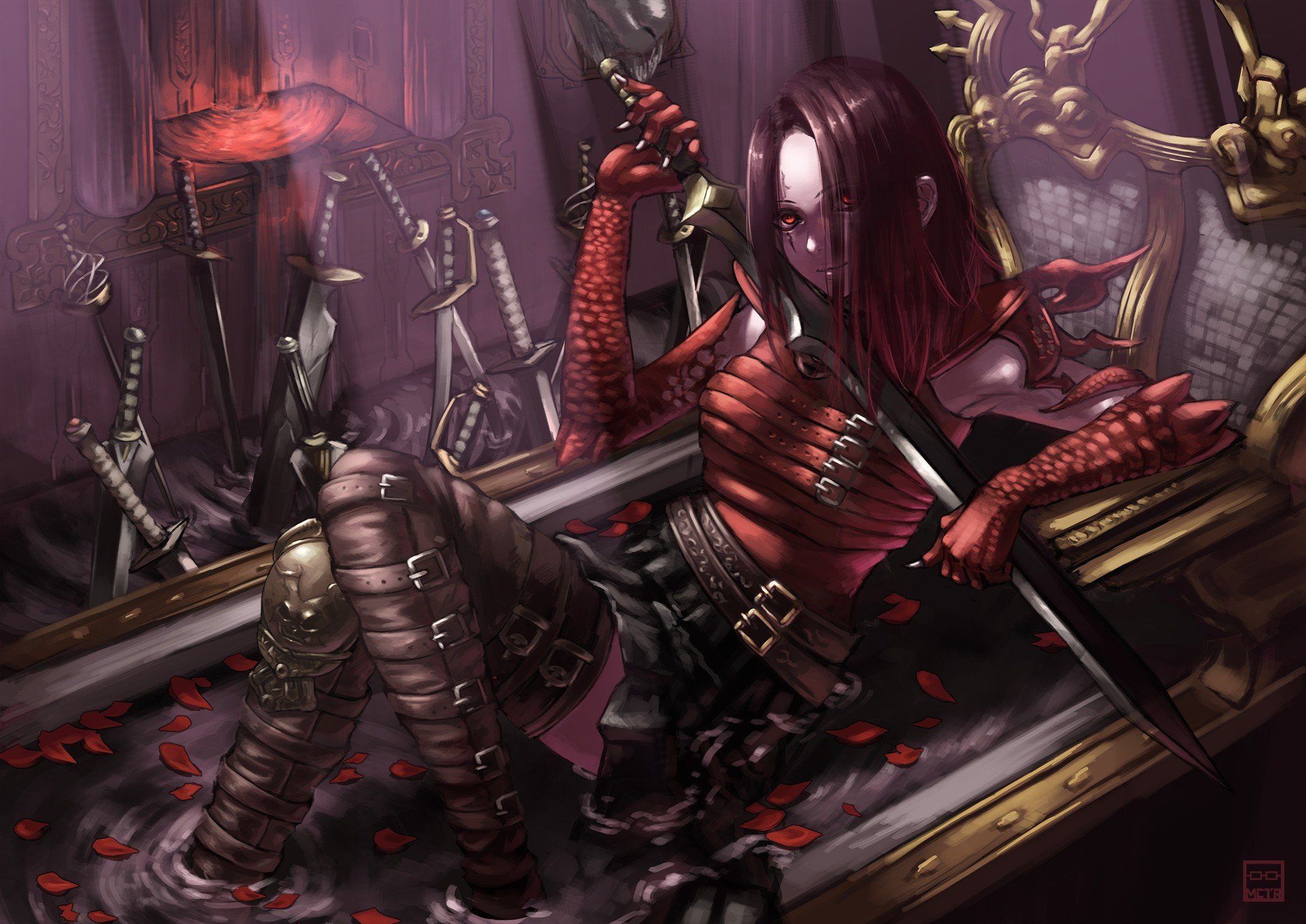 Anime warrior with swords and roses HD Wallpaper