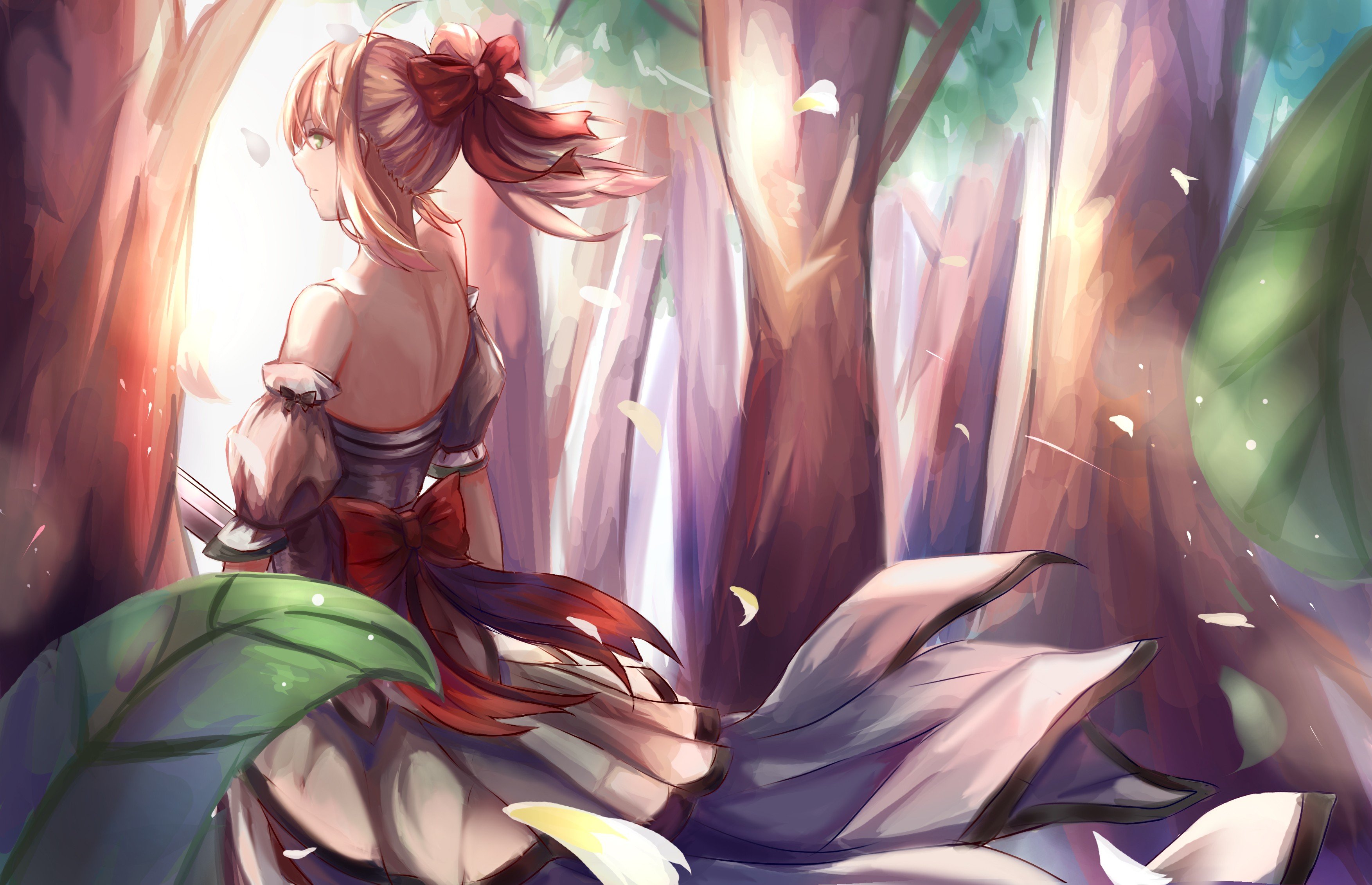 Anime girl with red bow in forest HD Wallpaper