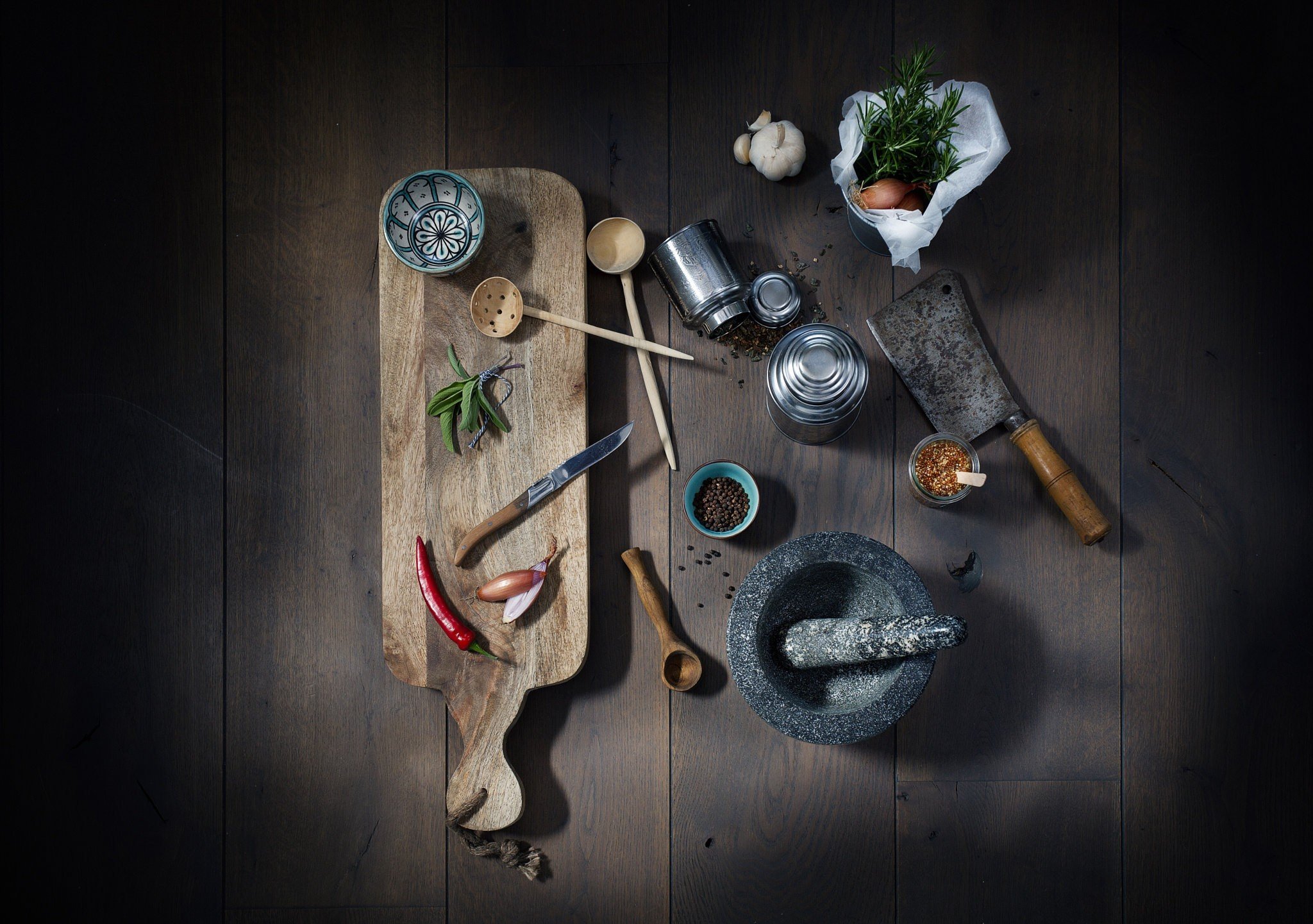 Kitchen utensils and ingredients on a wooden surface HD Wallpaper