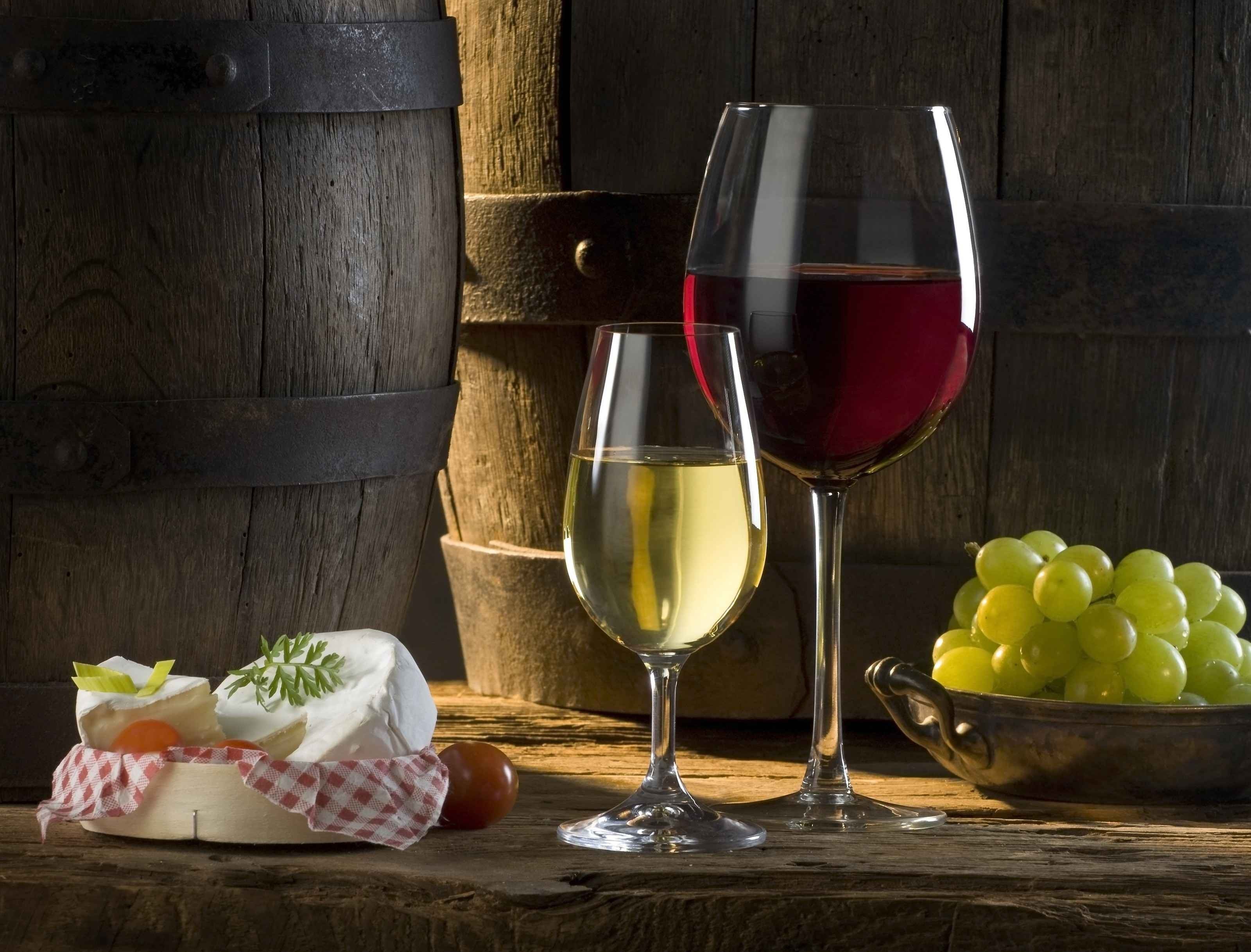 Wine, cheese, and grapes with barrels HD Wallpaper
