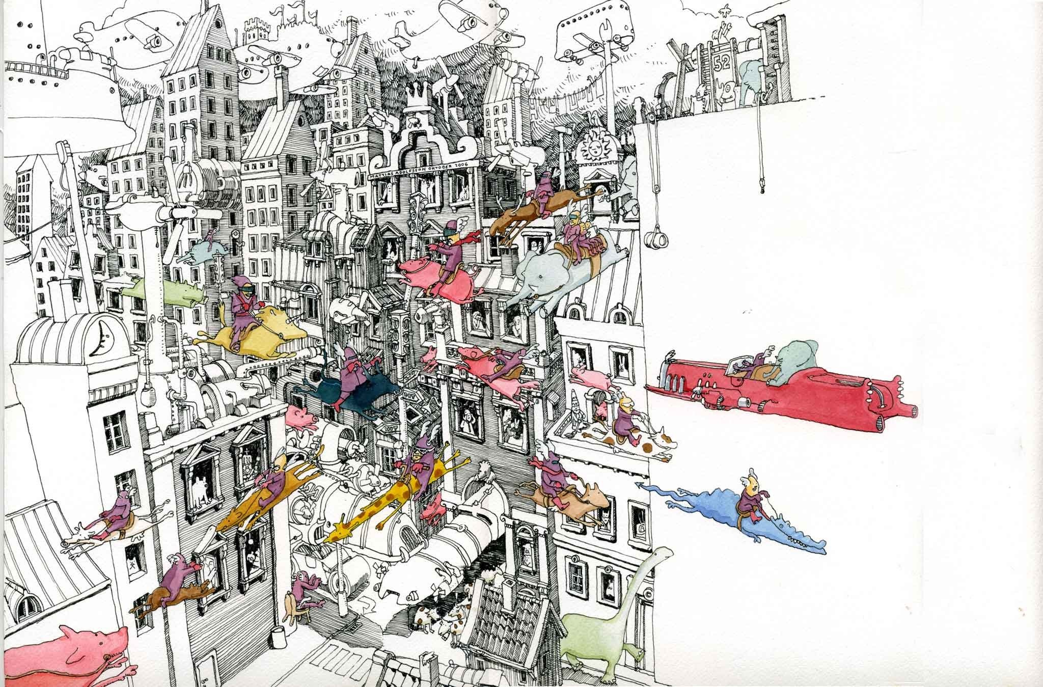 Fantasy city with flying creatures and people HD Wallpaper