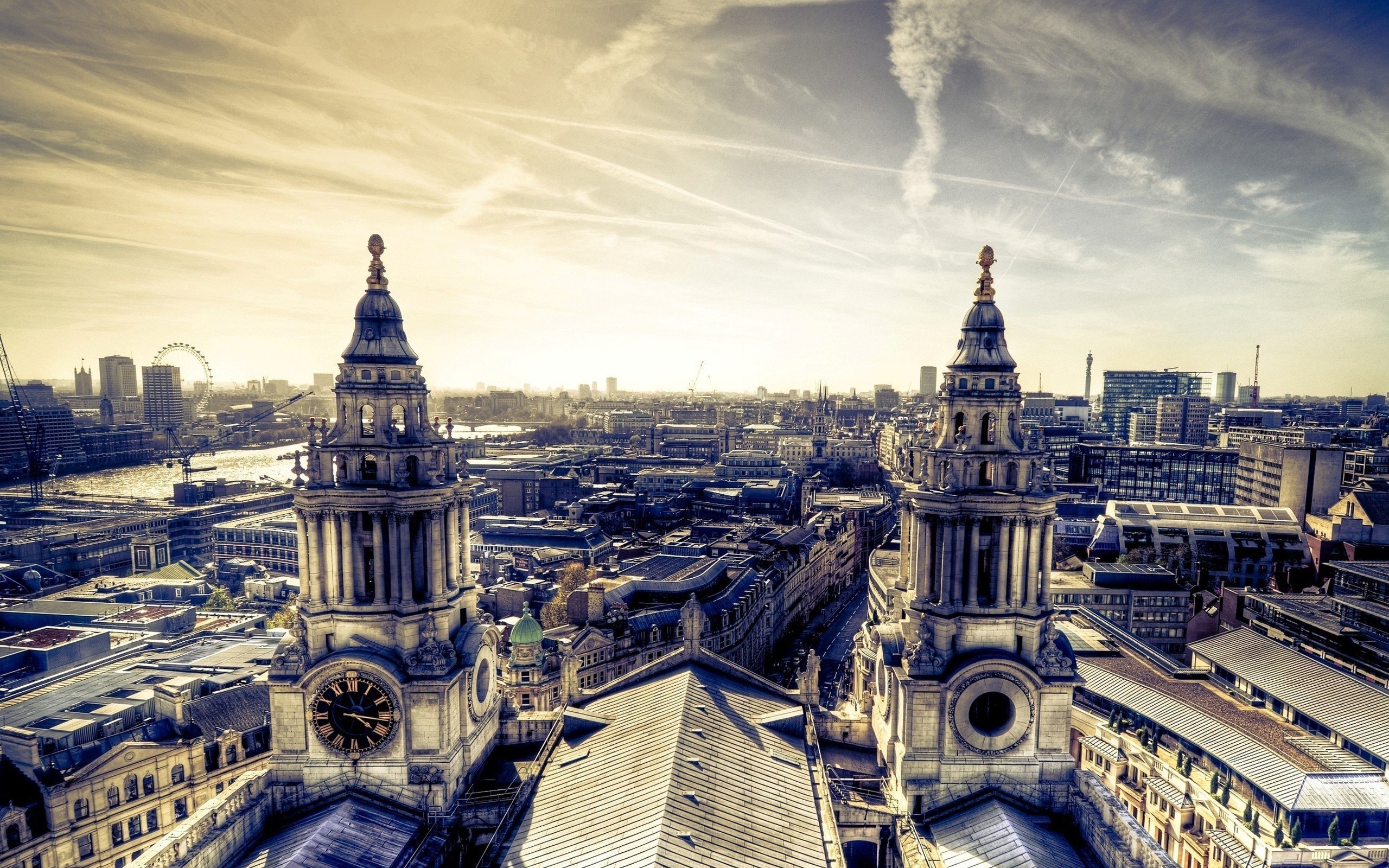 London cityscape with St. Paul's Cathedral towers and the London Eye HD Wallpaper