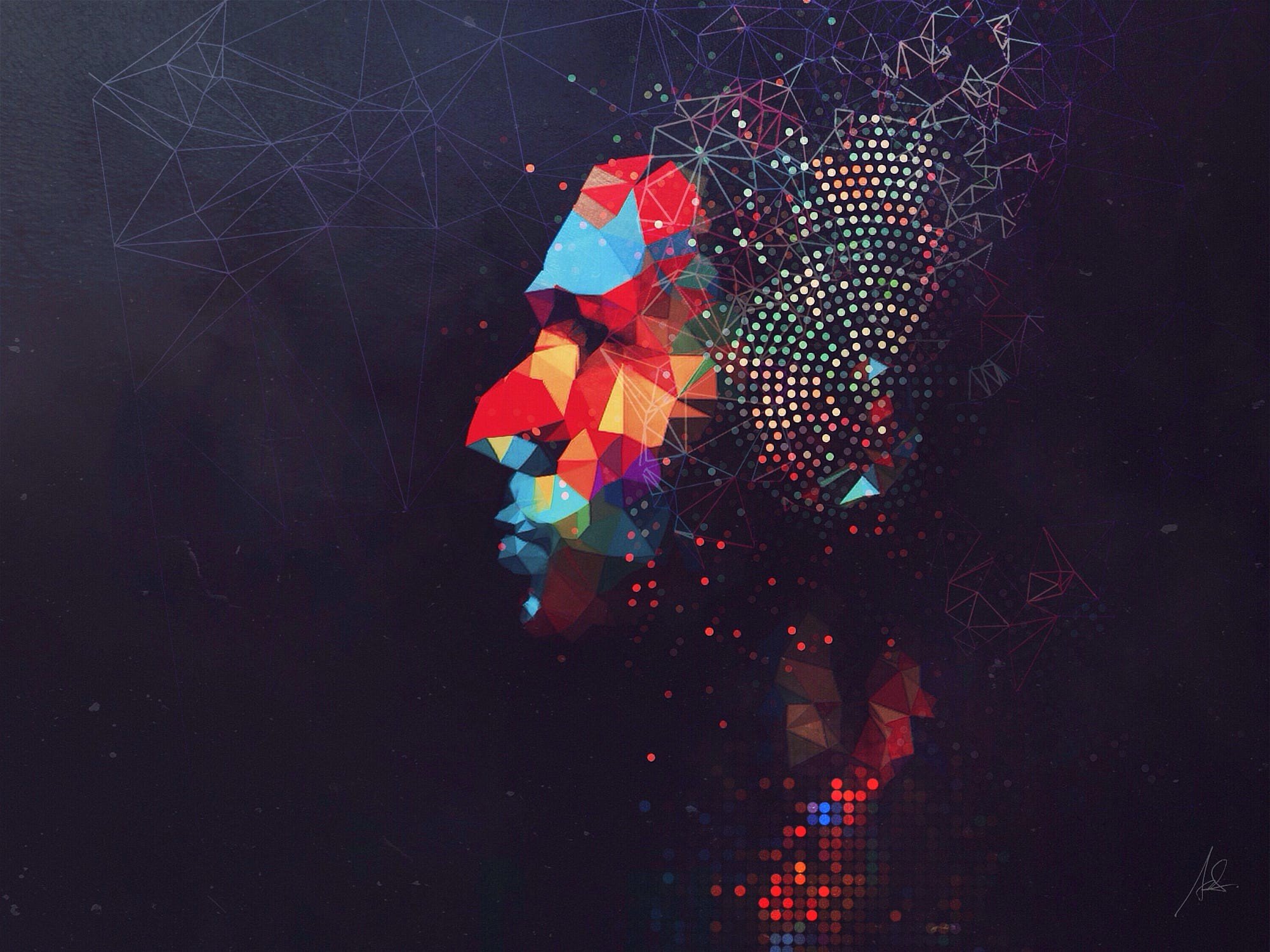 Abstract geometric human head dissolving into dots and lines HD Wallpaper