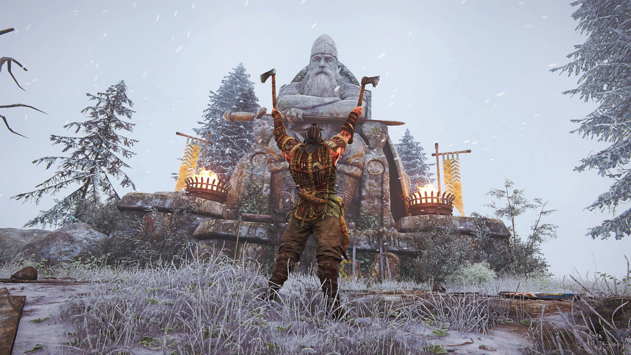 Viking warrior with axes in front of a stone statue in For Honor HD Wallpaper