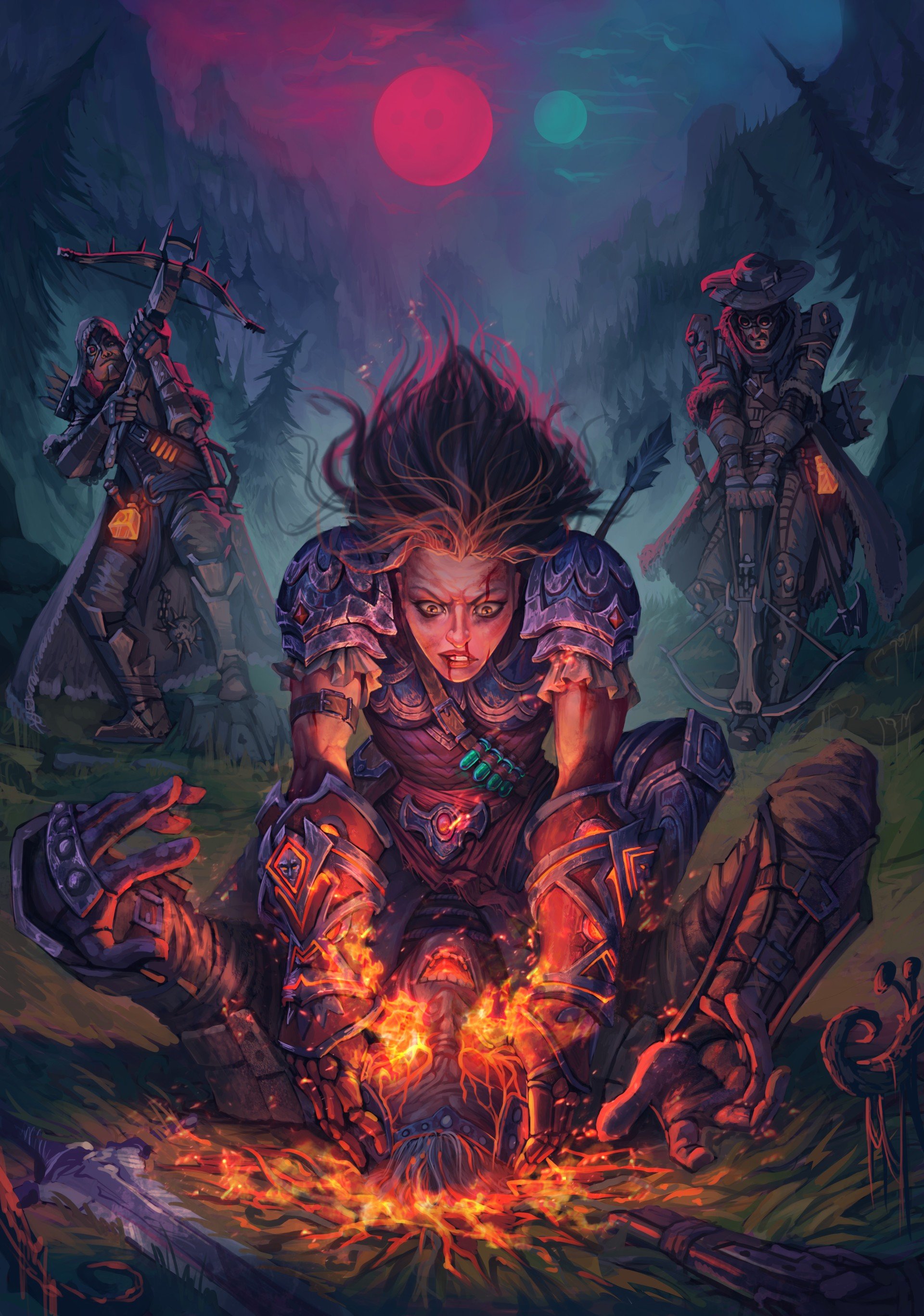 Fantasy warriors with magic fire in a forest HD Wallpaper